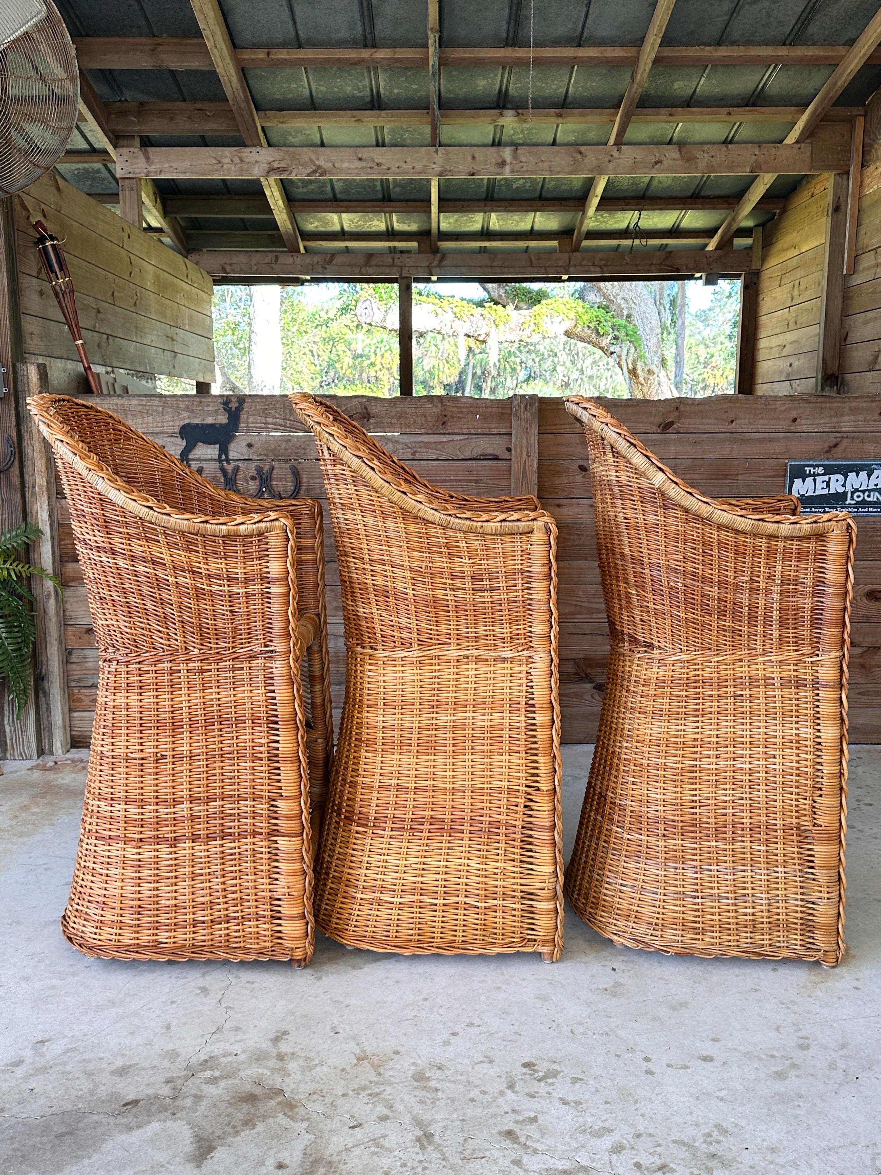 Coastal Large Braid Rattan Bar Stools by Wicker Works Manner of Micheal Taylor 3 For Sale 1
