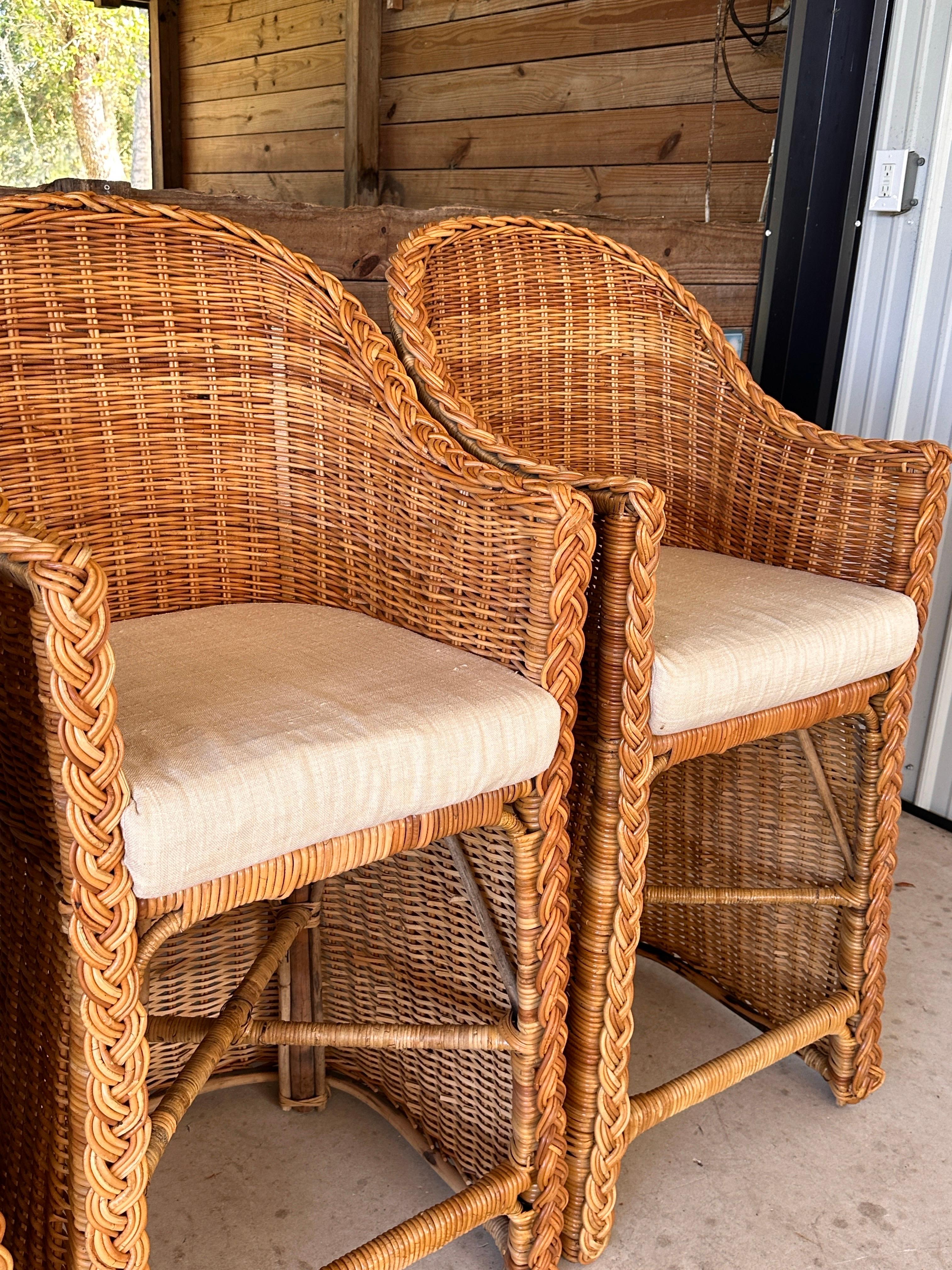 Coastal Large Braid Rattan Bar Stools by Wicker Works Manner of Micheal Taylor 3 For Sale 2