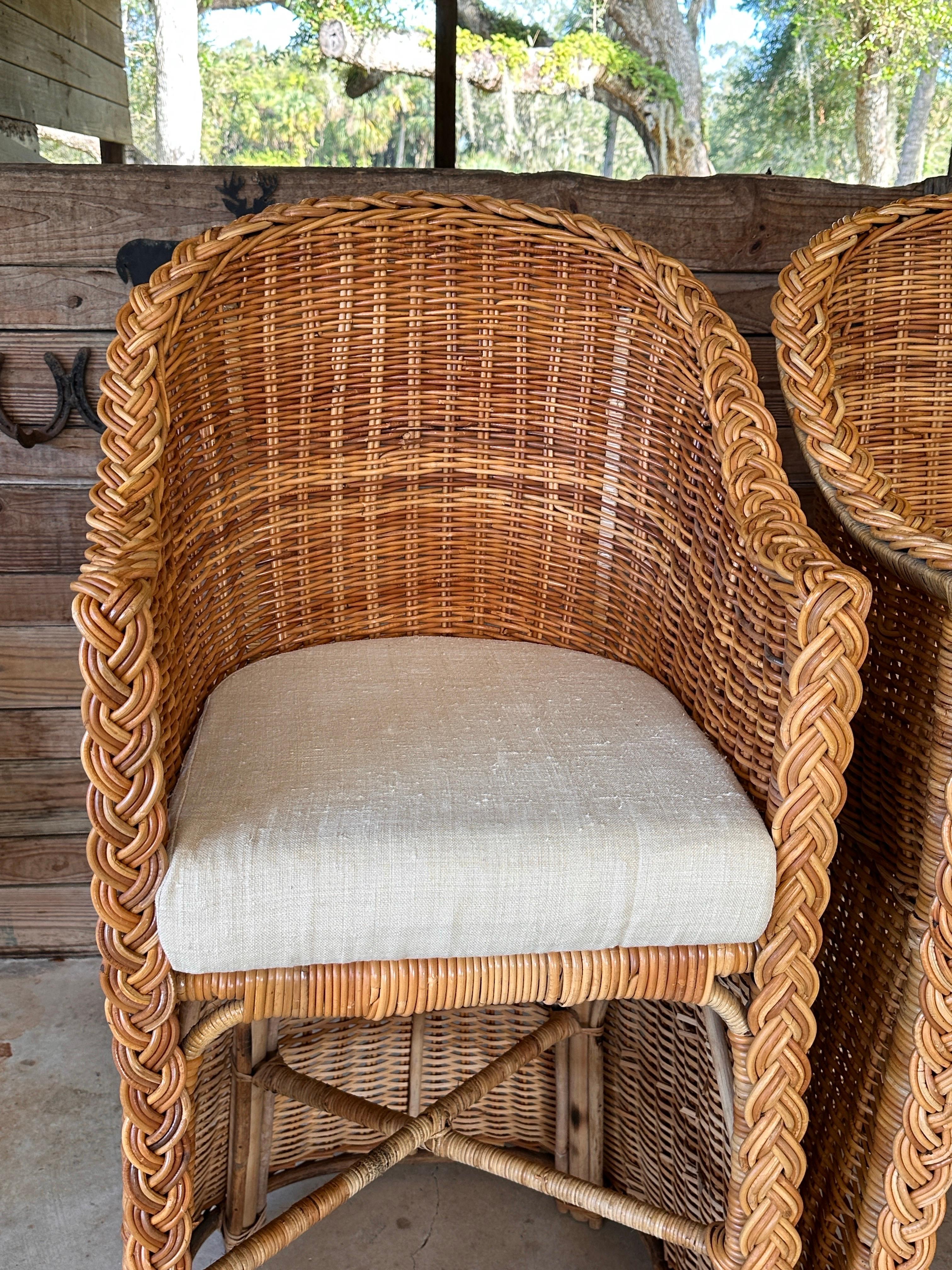 Coastal Large Braid Rattan Bar Stools by Wicker Works Manner of Micheal Taylor 3 For Sale 3