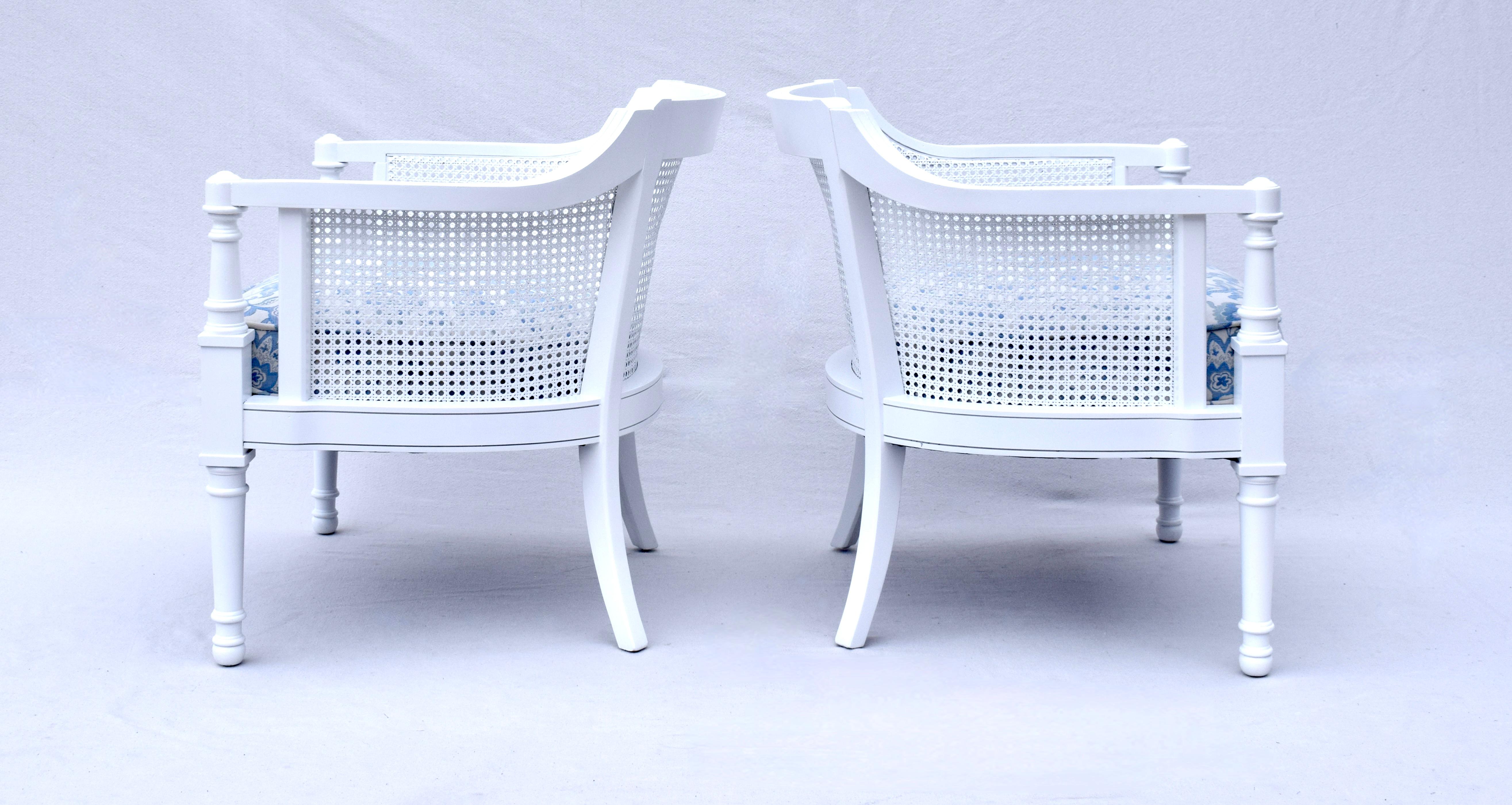 American Blue & White Mid 20th Century Painted Cane Barrel Chairs For Sale