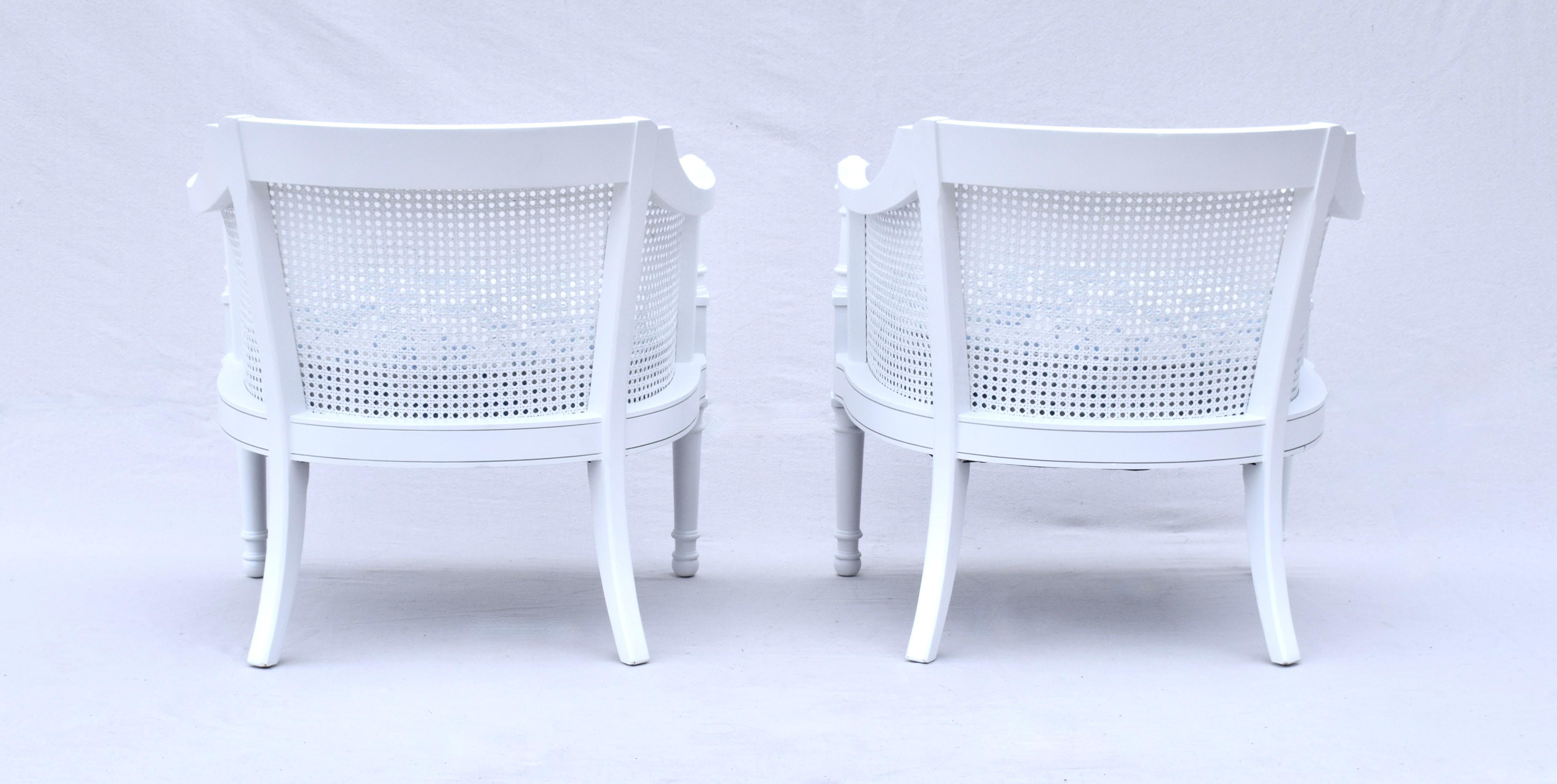 Embroidered Blue & White Mid 20th Century Painted Cane Barrel Chairs For Sale