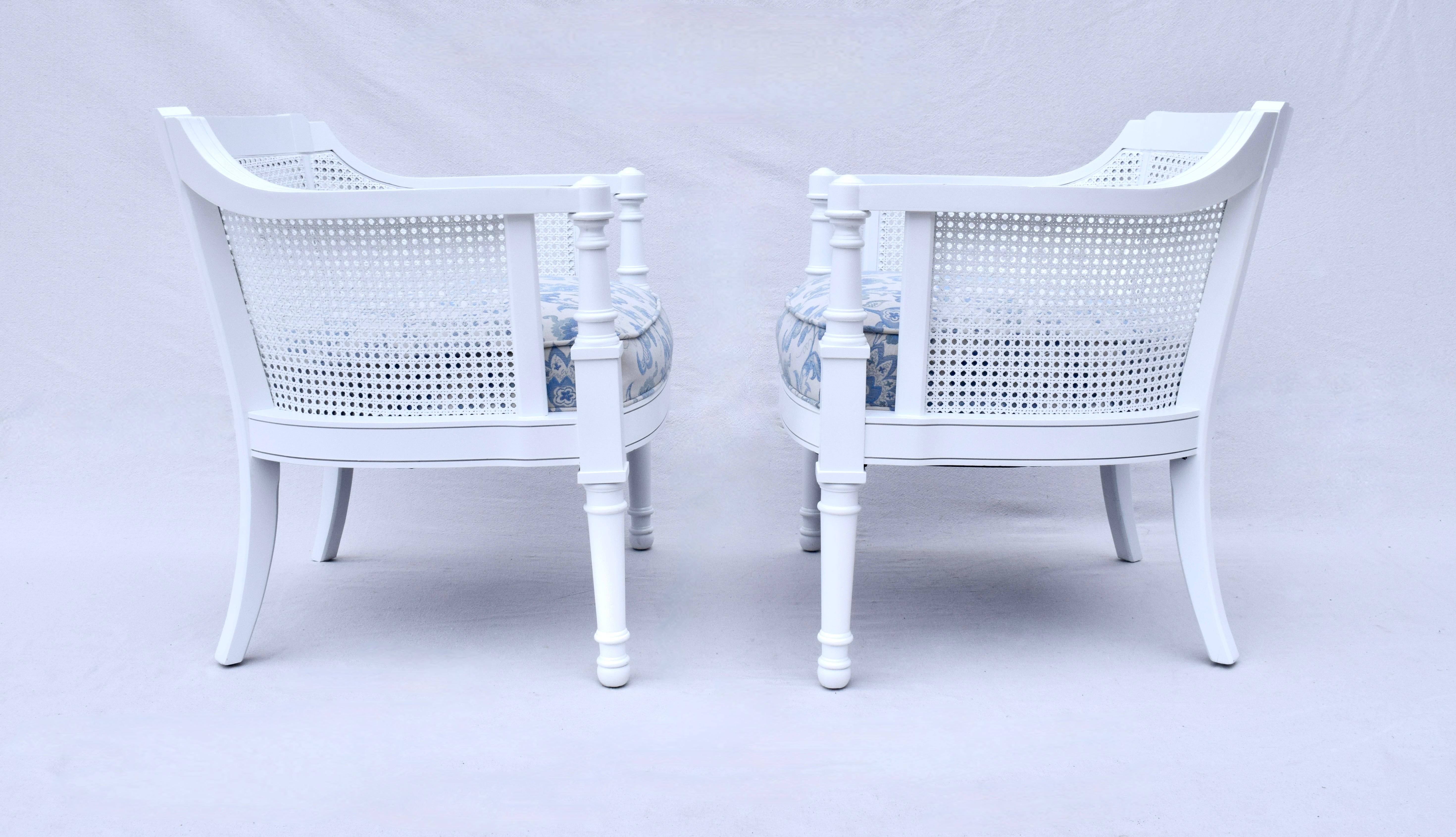 Blue & White Mid 20th Century Painted Cane Barrel Chairs For Sale 1