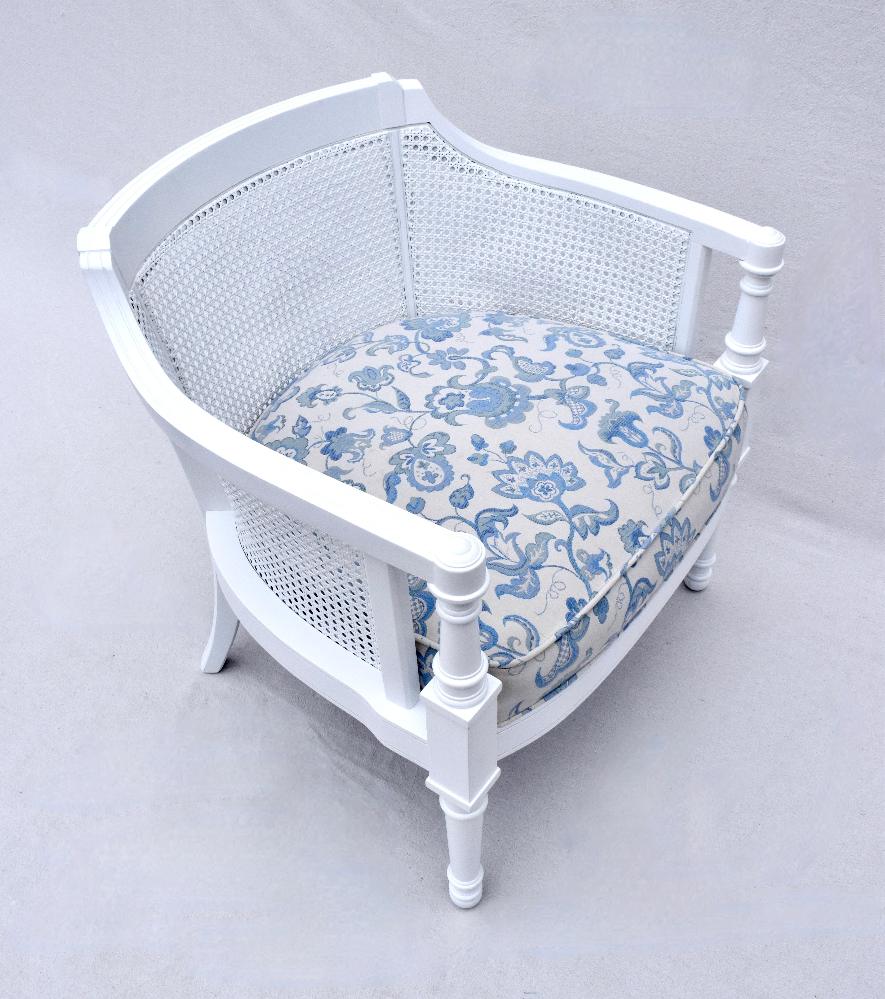 Blue & White Mid 20th Century Painted Cane Barrel Chairs For Sale 2