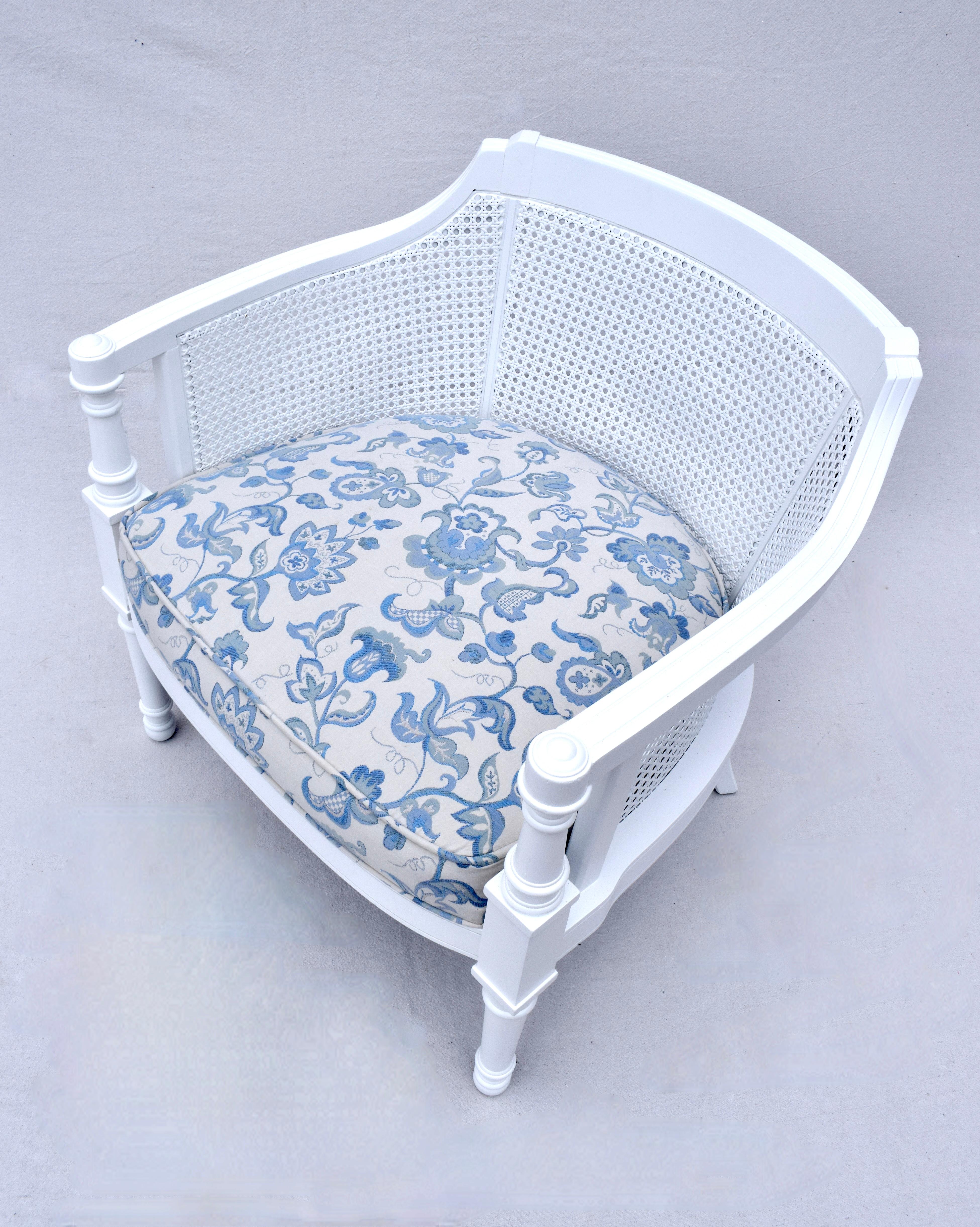 Blue & White Mid 20th Century Painted Cane Barrel Chairs For Sale 3
