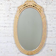 Coastal or Hollywood Regency Style Oval Wall Mirror Faux Bamboo Resin Cerused