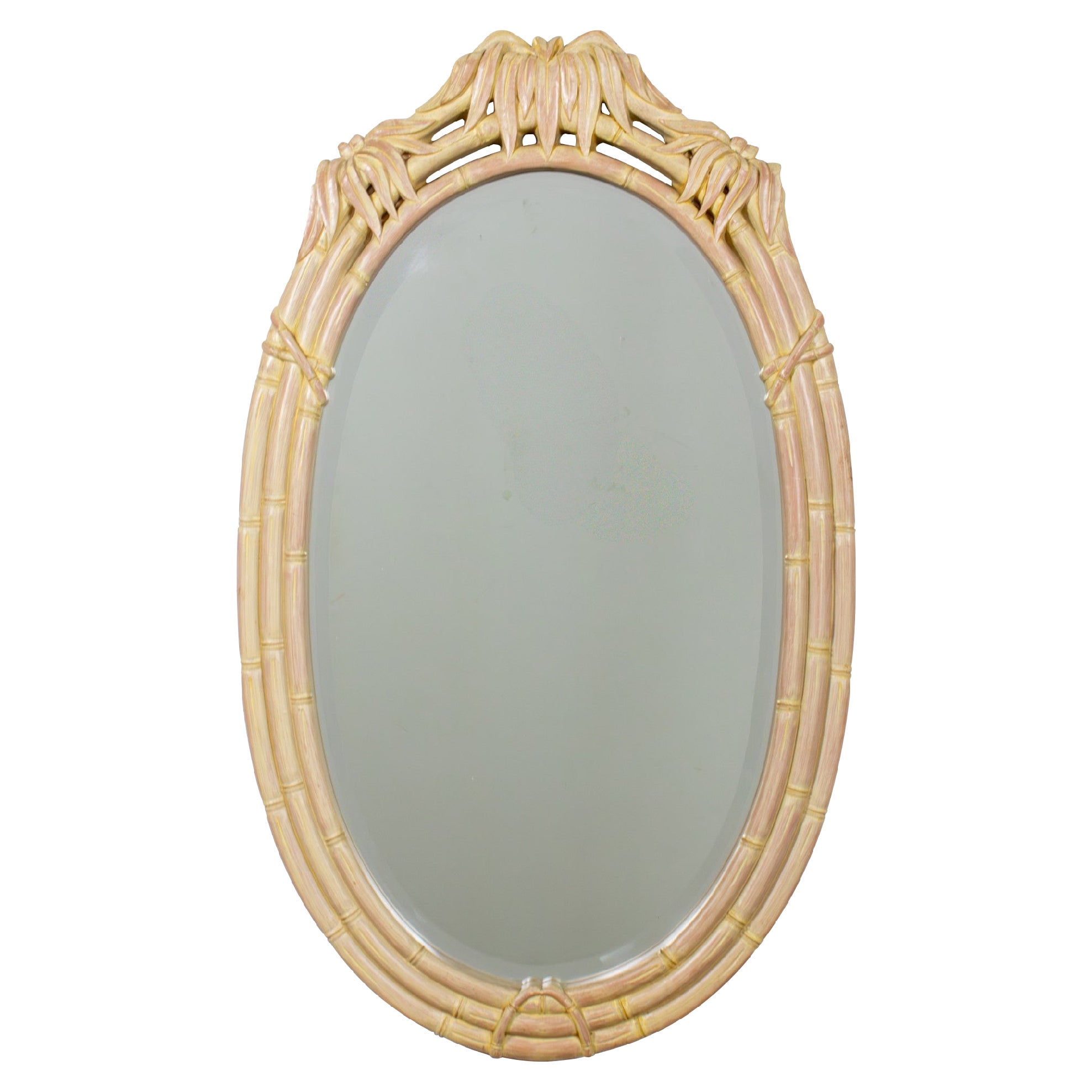 Coastal or Hollywood Regency Style Oval Wall Mirror Faux Bamboo Resin Cerused For Sale