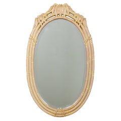 Coastal or Hollywood Regency Style Oval Wall Mirror Faux Bamboo Resin Cerused