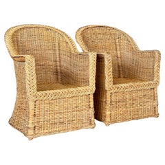 Coastal Organic Modern Large Braid Rattan Side Arm chairs by Wicker Works-Pair