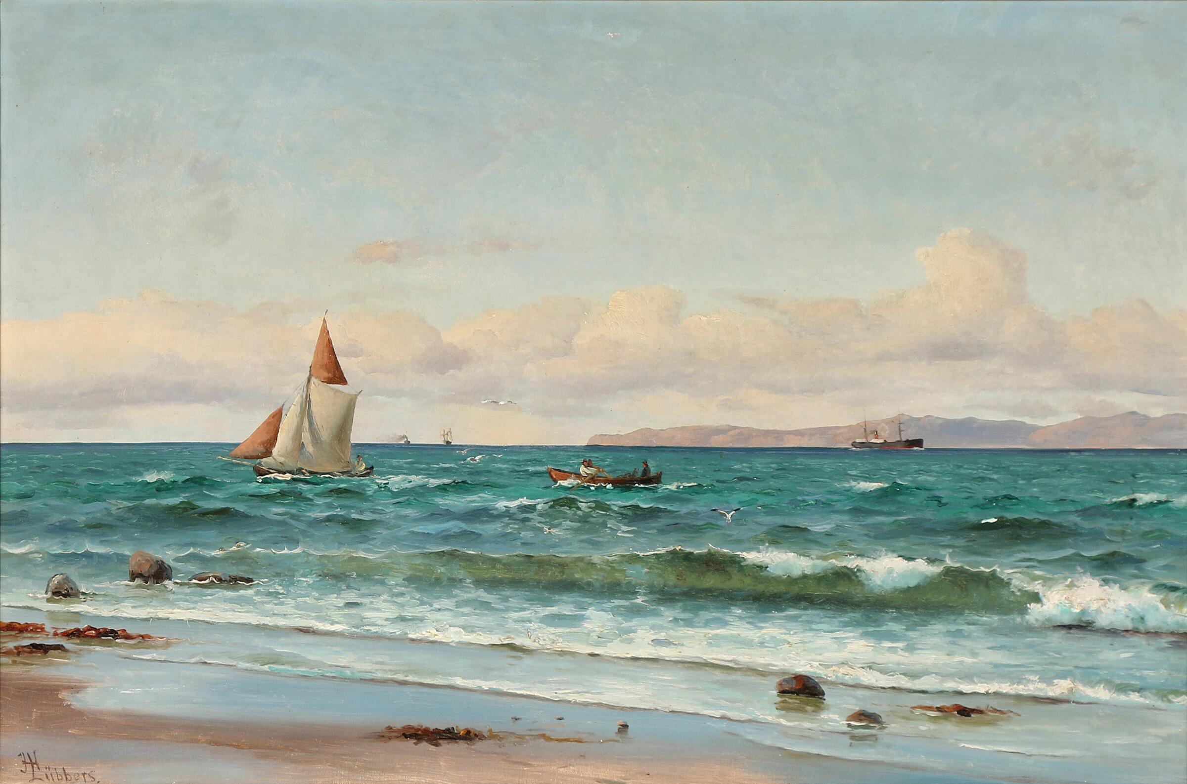 Holger Lübbers, Danish artist, Copenhagen 1850-1931. Holger Lubbers mostly concentrated his fine marine landscapes on Copenhagen harbor and the North Coast of Sjaelland. This painting features the coast off Hornbæk with Kullen in the distance.
