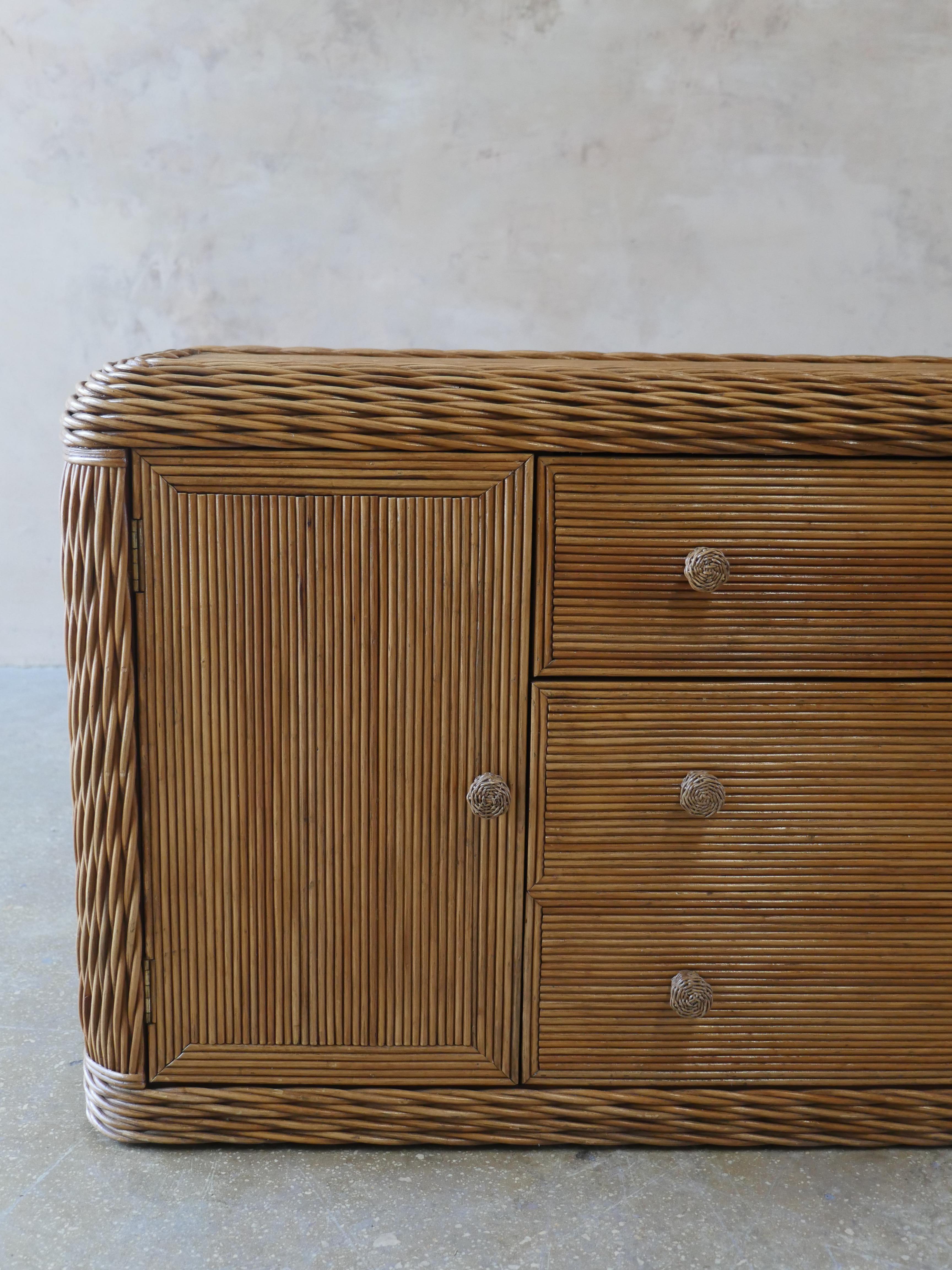 Woven Coastal Pencil Reed Rattan and Braided Wicker Credenza