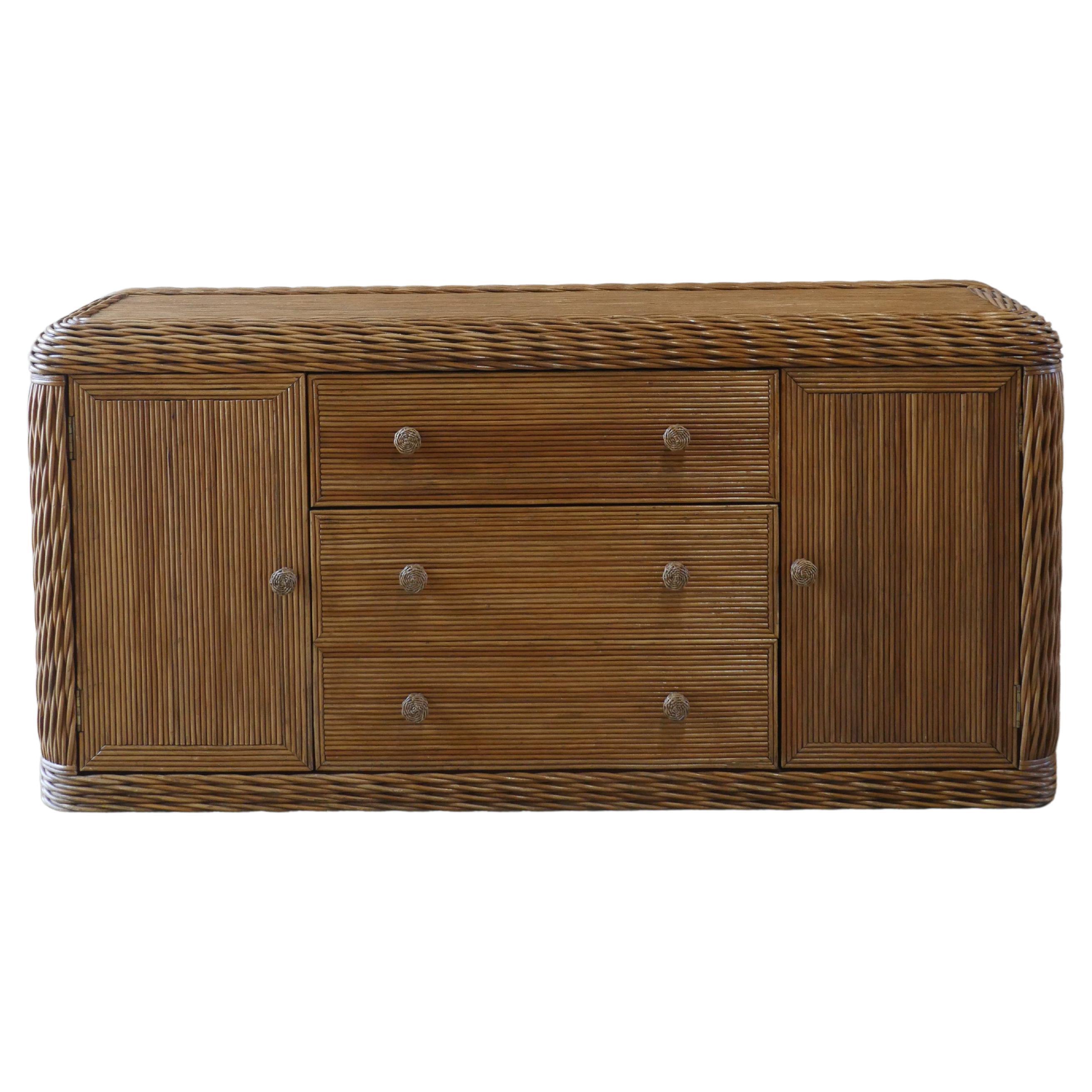 Coastal Pencil Reed Rattan and Braided Wicker Credenza