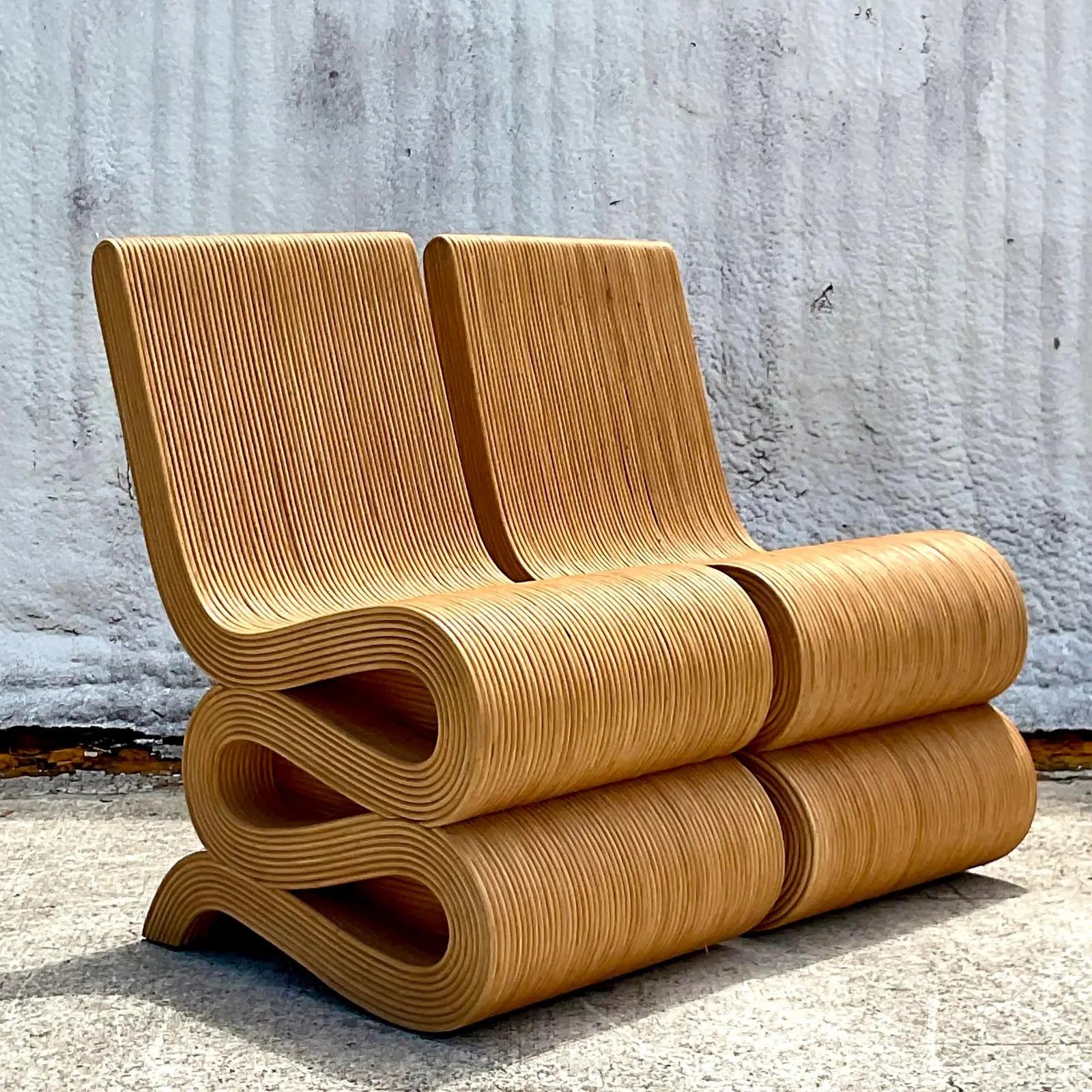 Philippine Coastal Pencil Reed Wiggle Chairs, a Pair