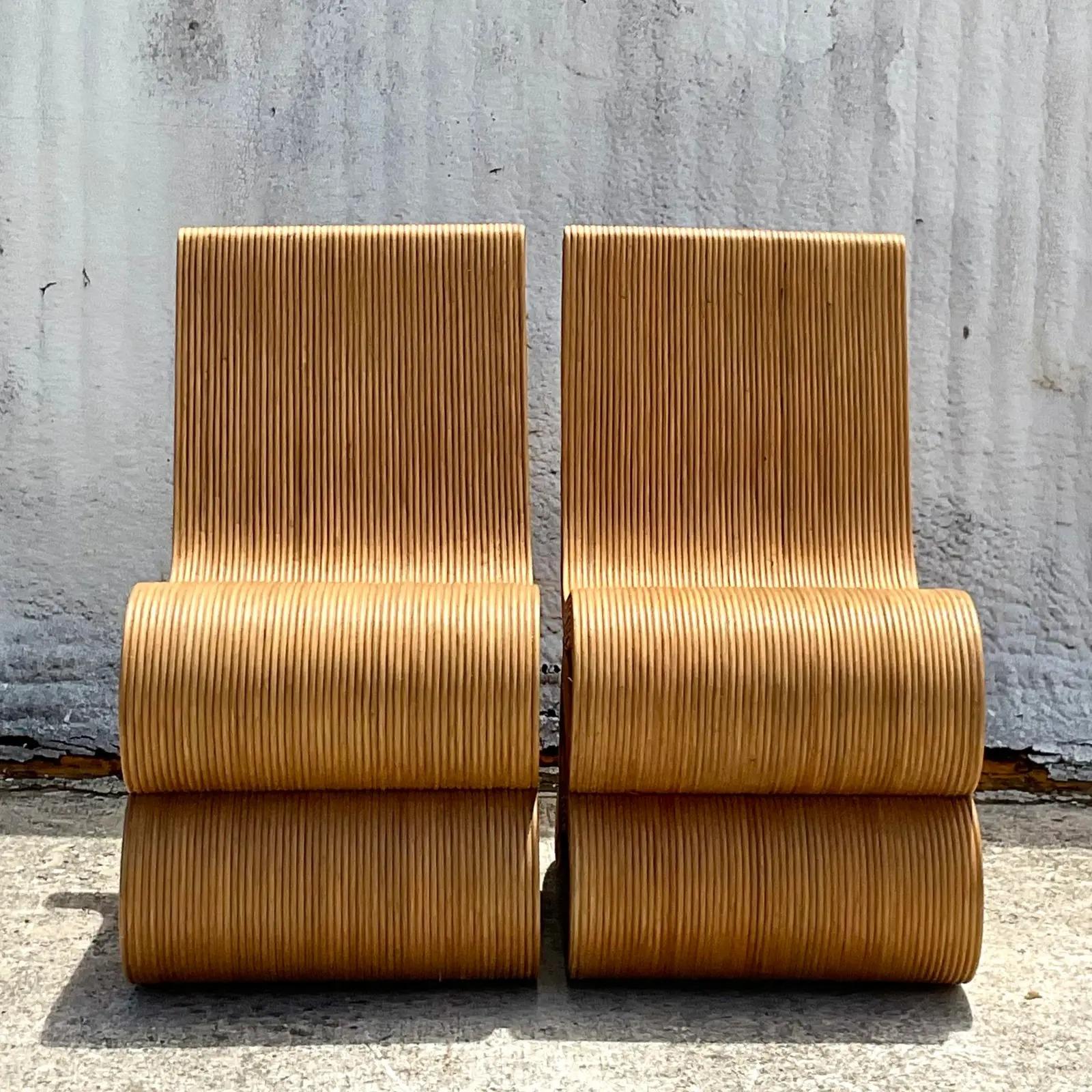 Coastal Pencil Reed Wiggle Chairs, a Pair In Good Condition In west palm beach, FL