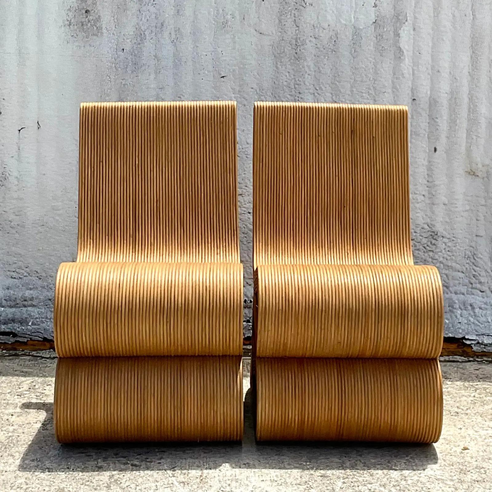 Coastal Pencil Reed Wiggle Chairs, a Pair In Good Condition In West Palm Beach, FL