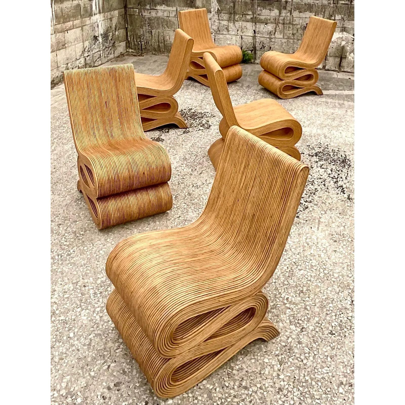 Philippine Coastal Pencil Reed Wiggle Dining Chairs After Gehry - Set of 6