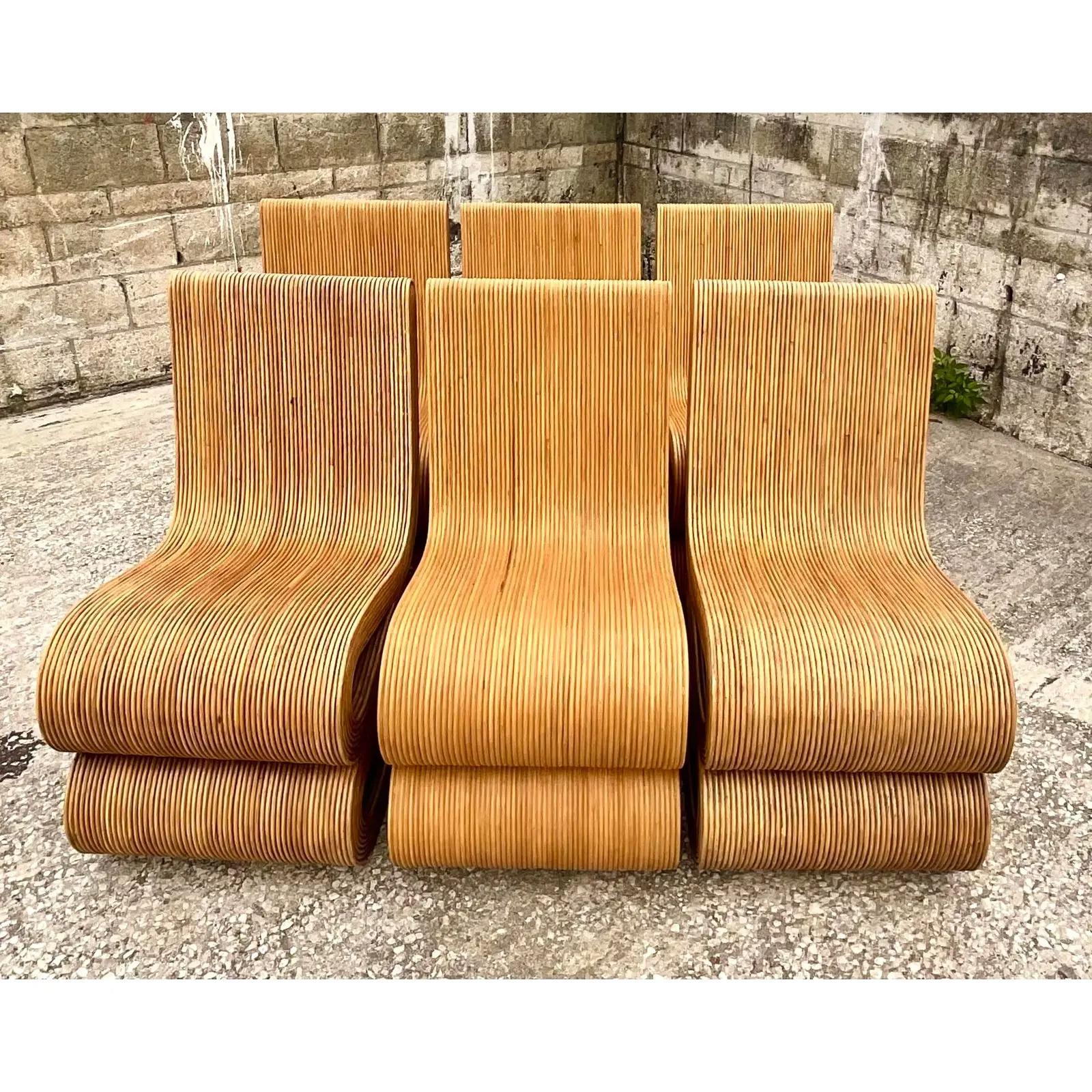 Coastal Pencil Reed Wiggle Dining Chairs After Gehry - Set of 6 In Good Condition In west palm beach, FL