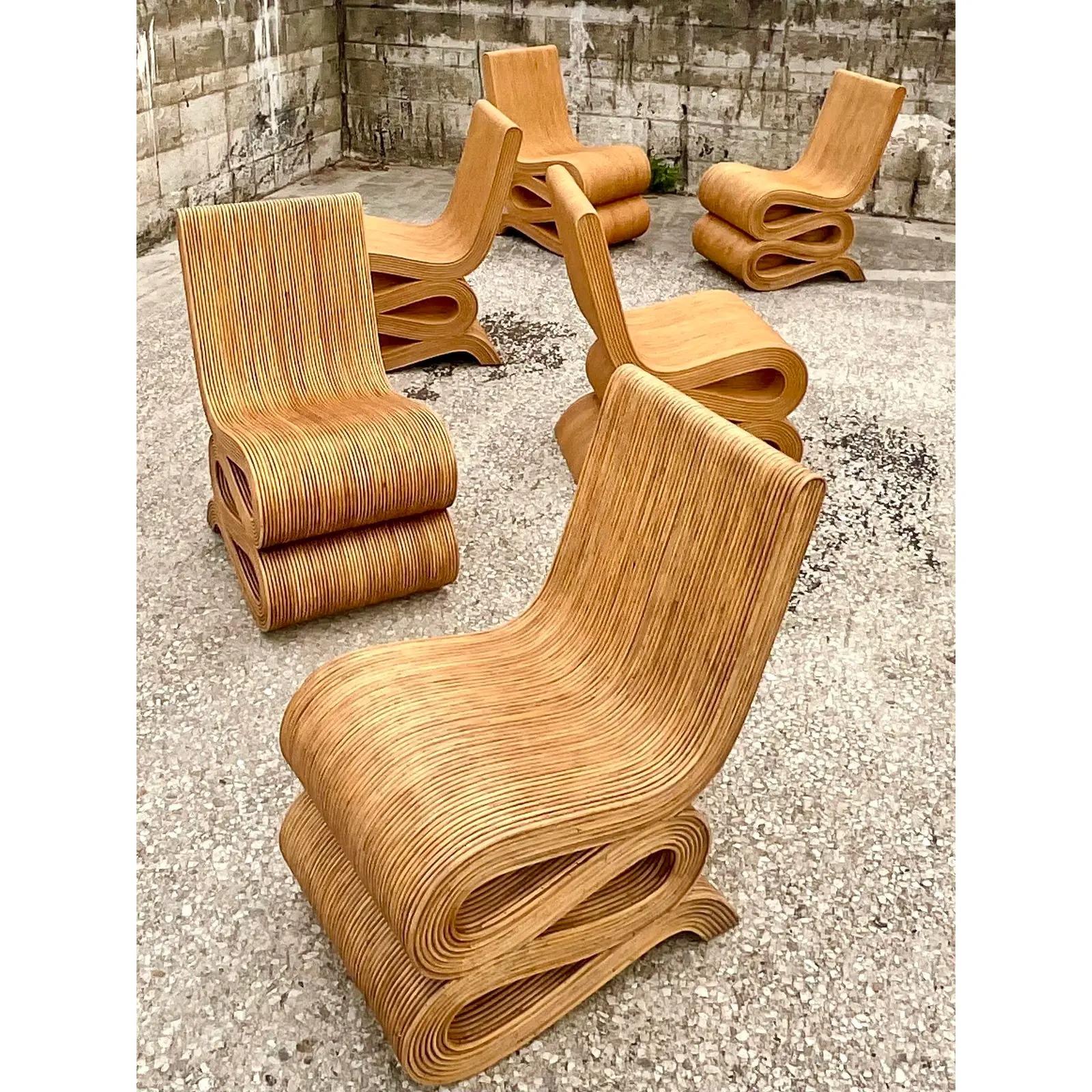 Coastal Pencil Reed Wiggle Dining Chairs After Gehry - Set of 6 1