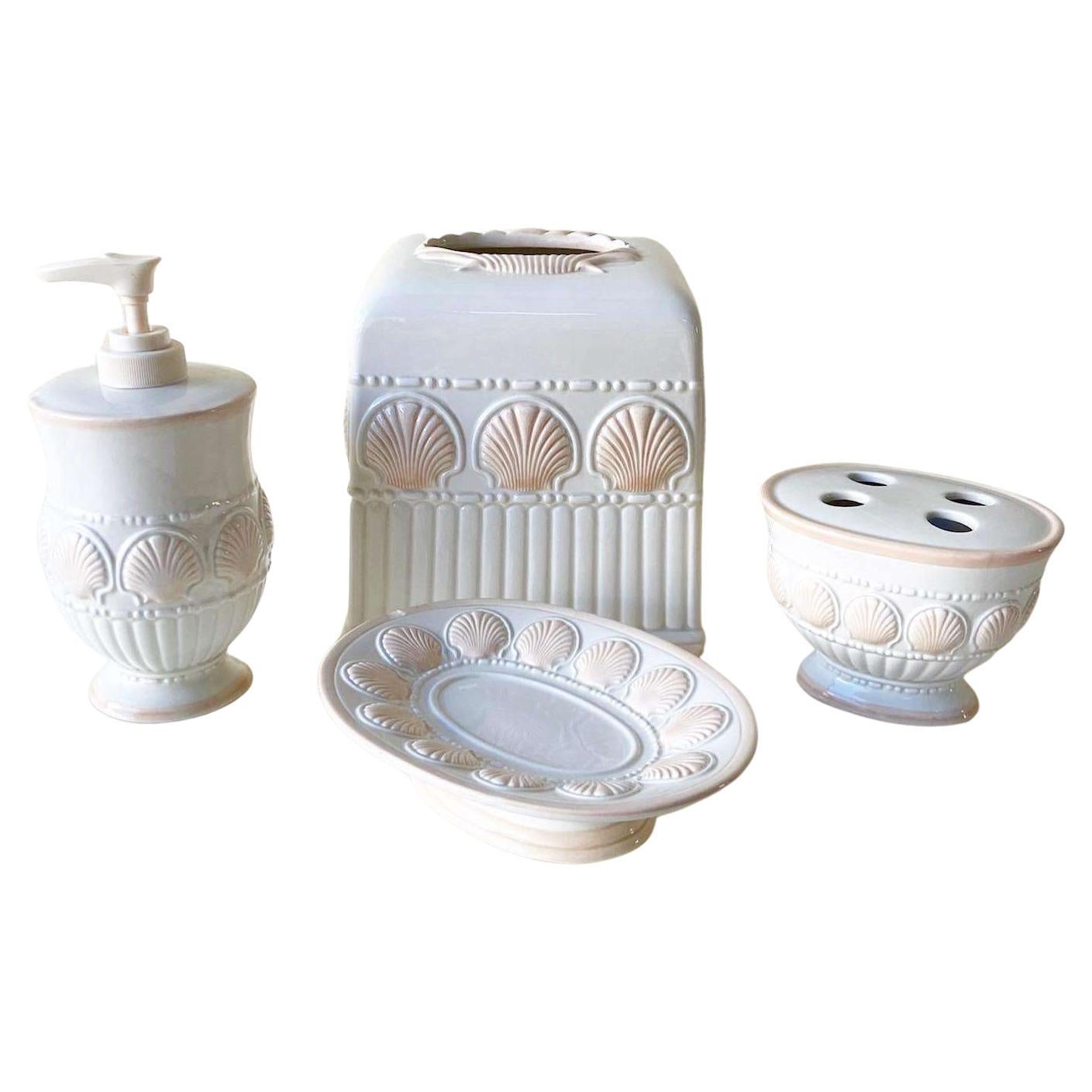 Coastal Pink Shell Ceramic Bathroom Container Set by JC Penny For Sale