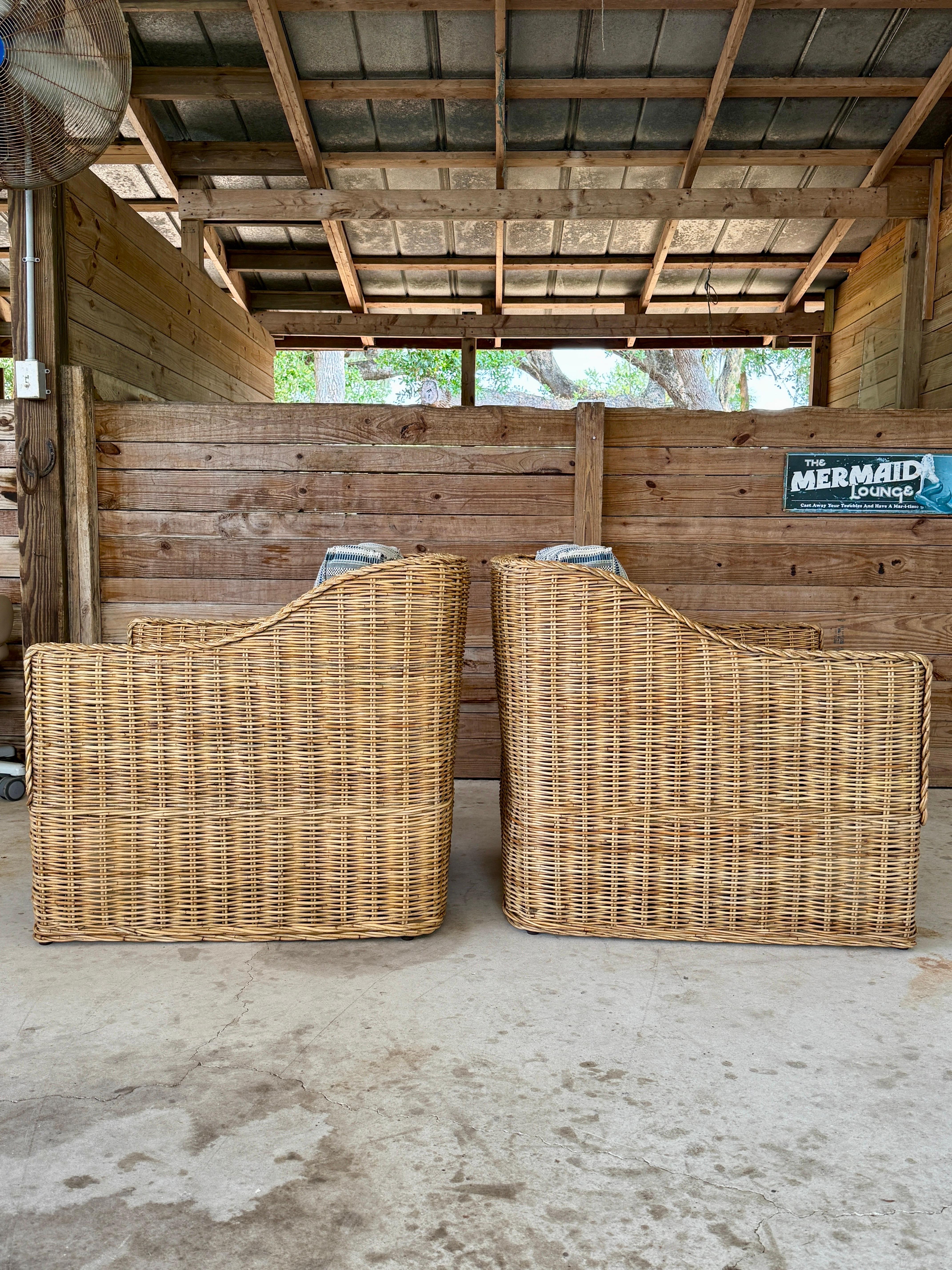 Coastal Ralph Lauren Large Braid Rattan Lounge Chairs With Original Blue and Whi 3