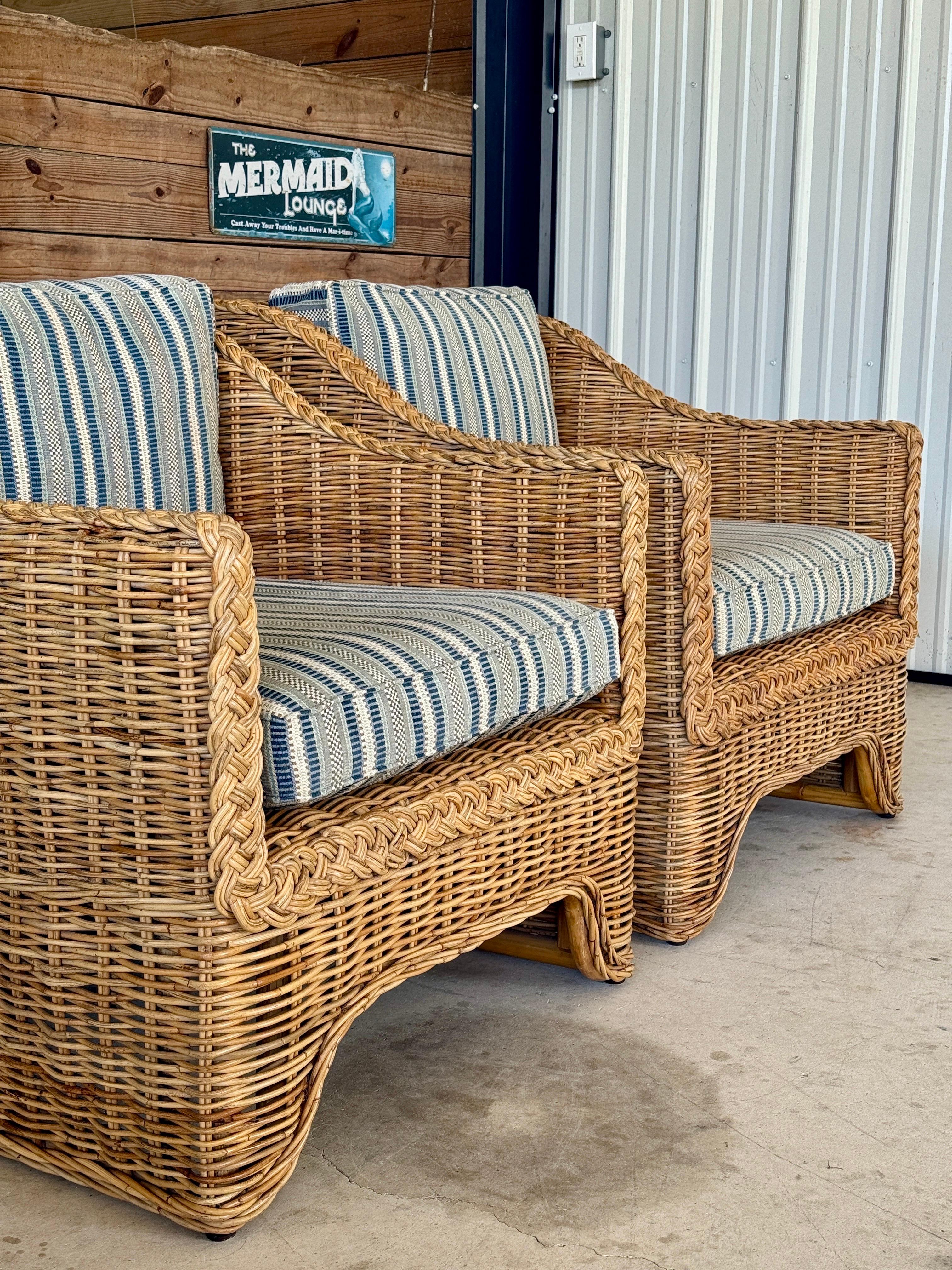 Coastal Ralph Lauren Large Braid Rattan Lounge Chairs With Original Blue and Whi 4