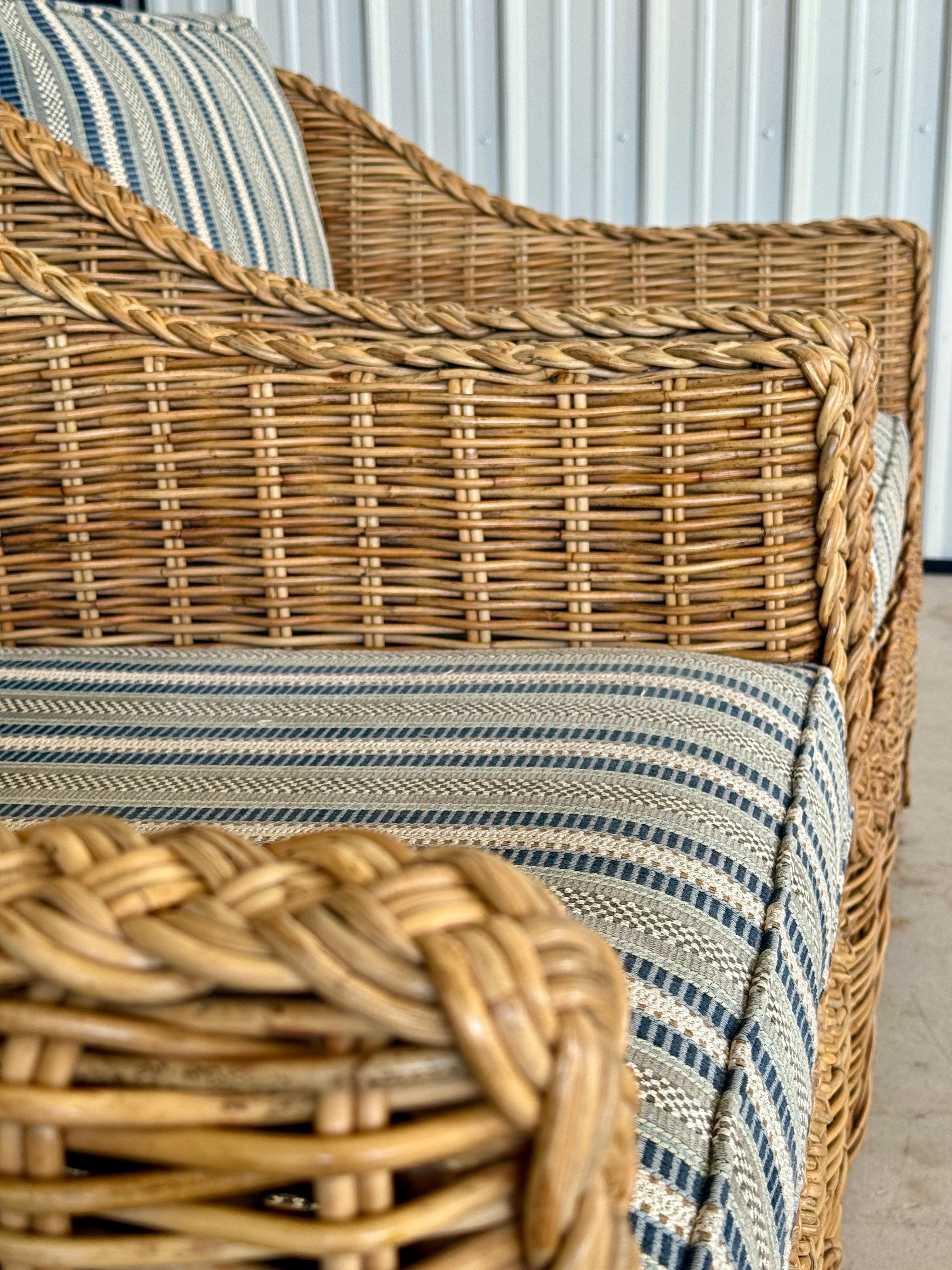 Coastal Ralph Lauren Large Braid Rattan Lounge Chairs With Original Blue and Whi 5