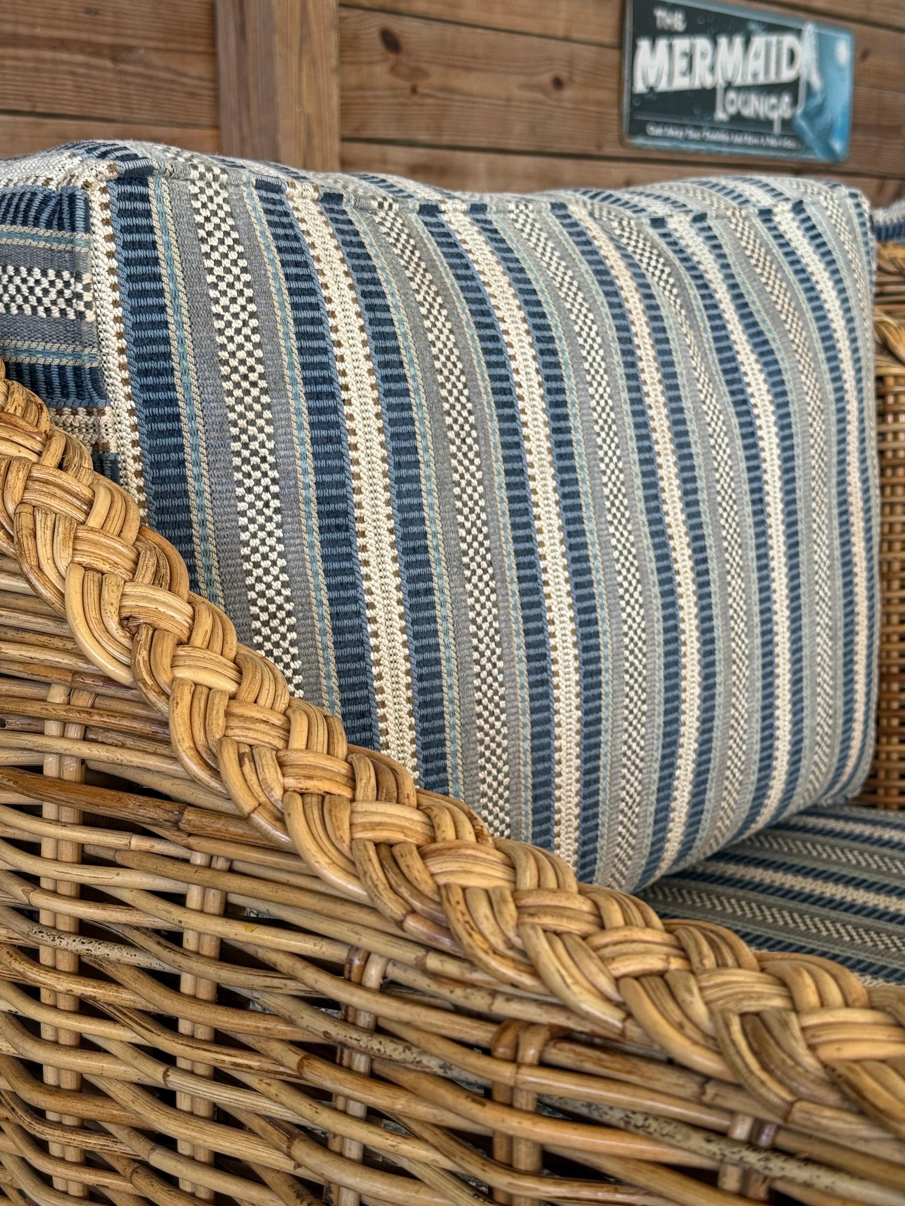 Coastal Ralph Lauren Large Braid Rattan Lounge Chairs With Original Blue and Whi 6