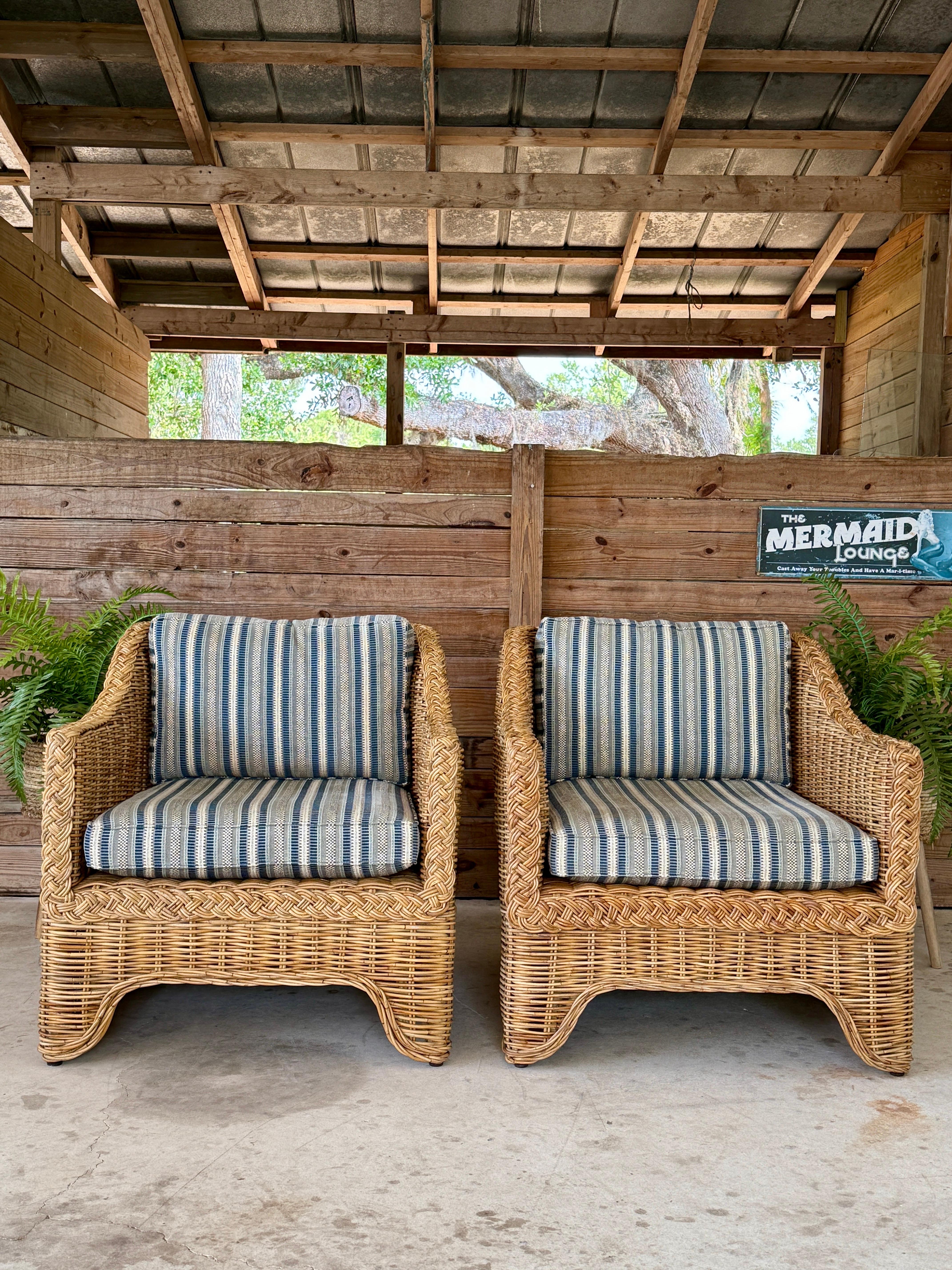 Coastal Ralph Lauren Large Braid Rattan Lounge Chairs With Original Blue and Whi 8