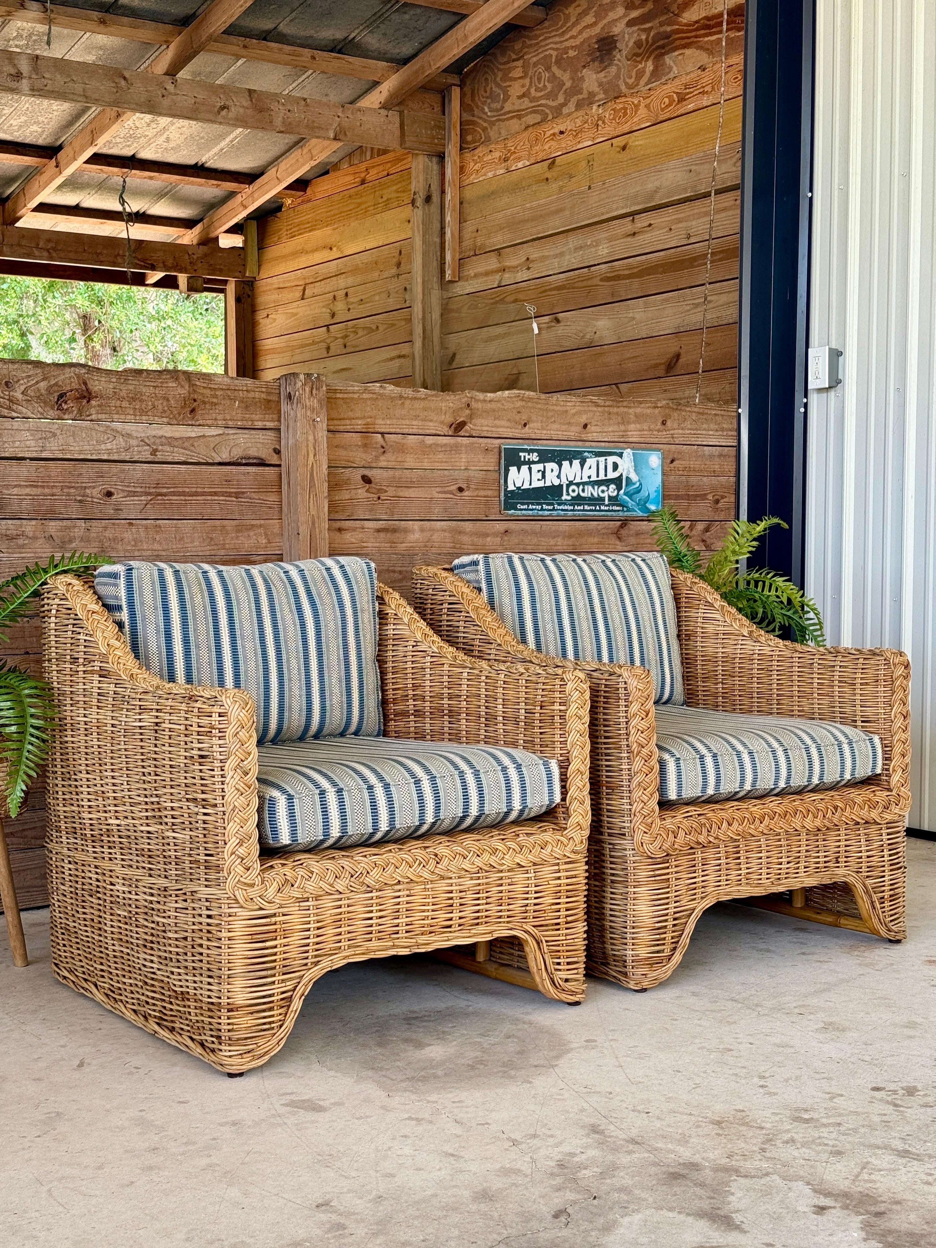 Coastal Ralph Lauren Large Braid Rattan Lounge Chairs With Original Blue and Whi 9
