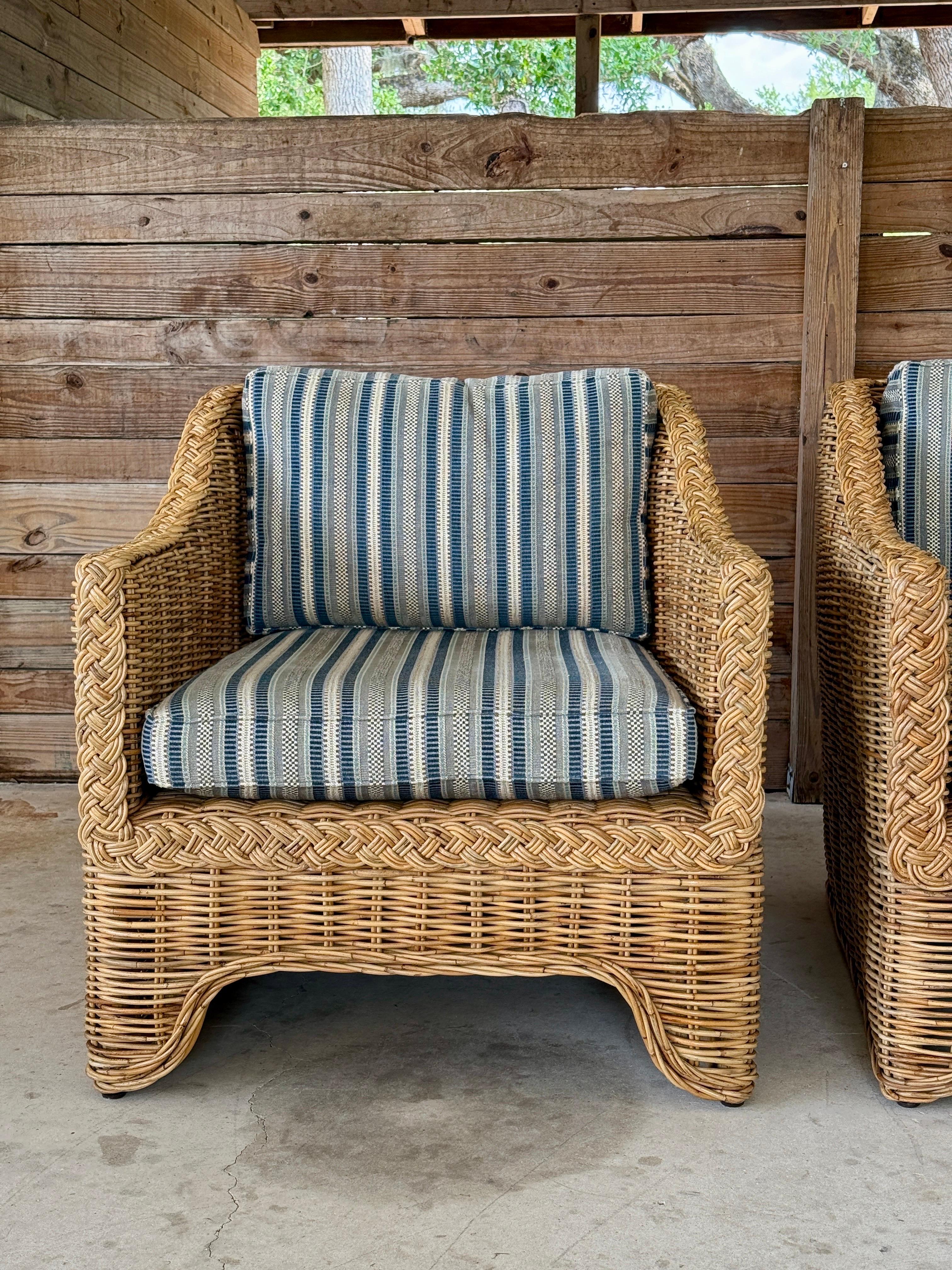 Bohemian Coastal Ralph Lauren Large Braid Rattan Lounge Chairs With Original Blue and Whi
