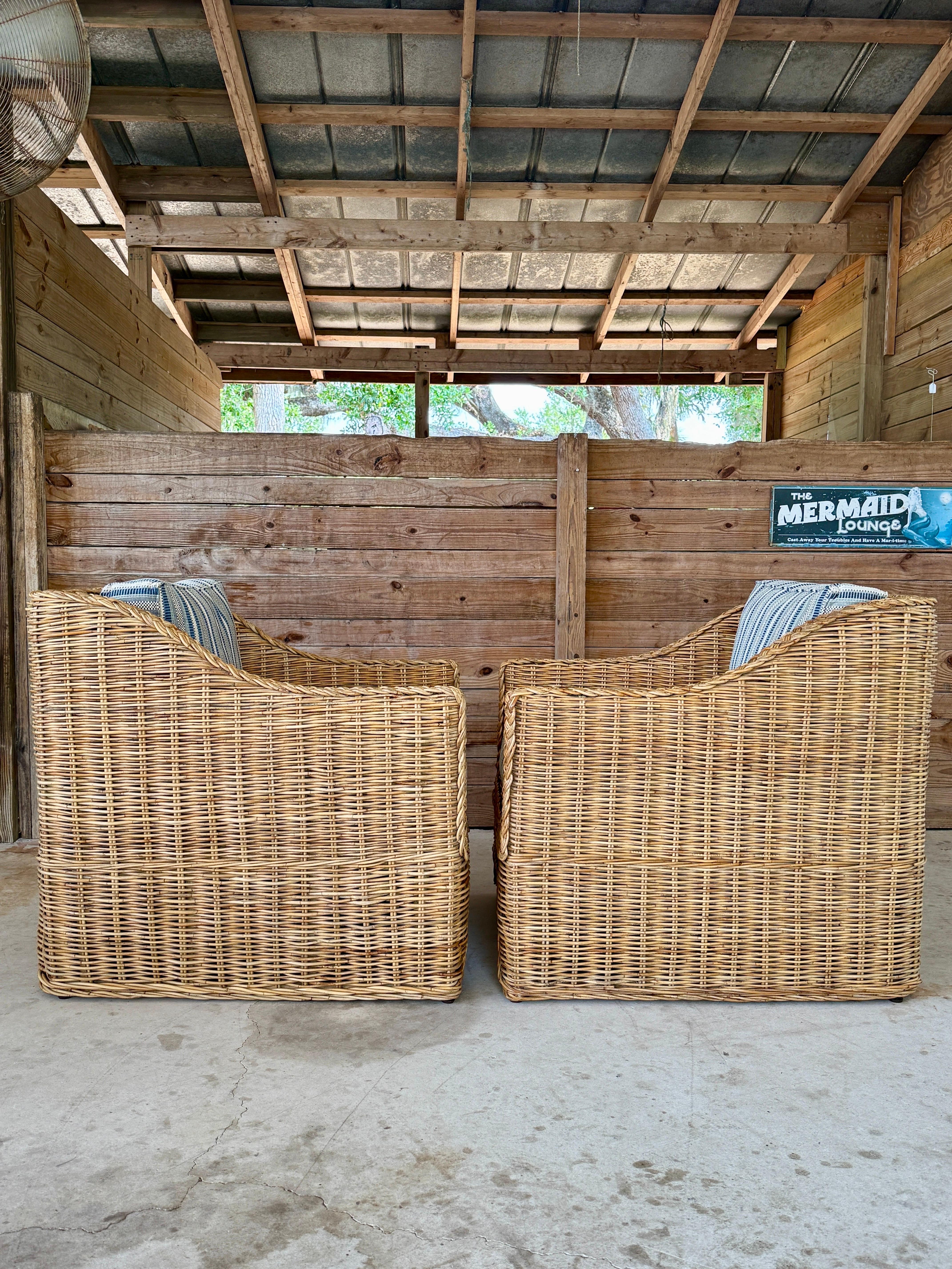 Philippine Coastal Ralph Lauren Large Braid Rattan Lounge Chairs With Original Blue and Whi