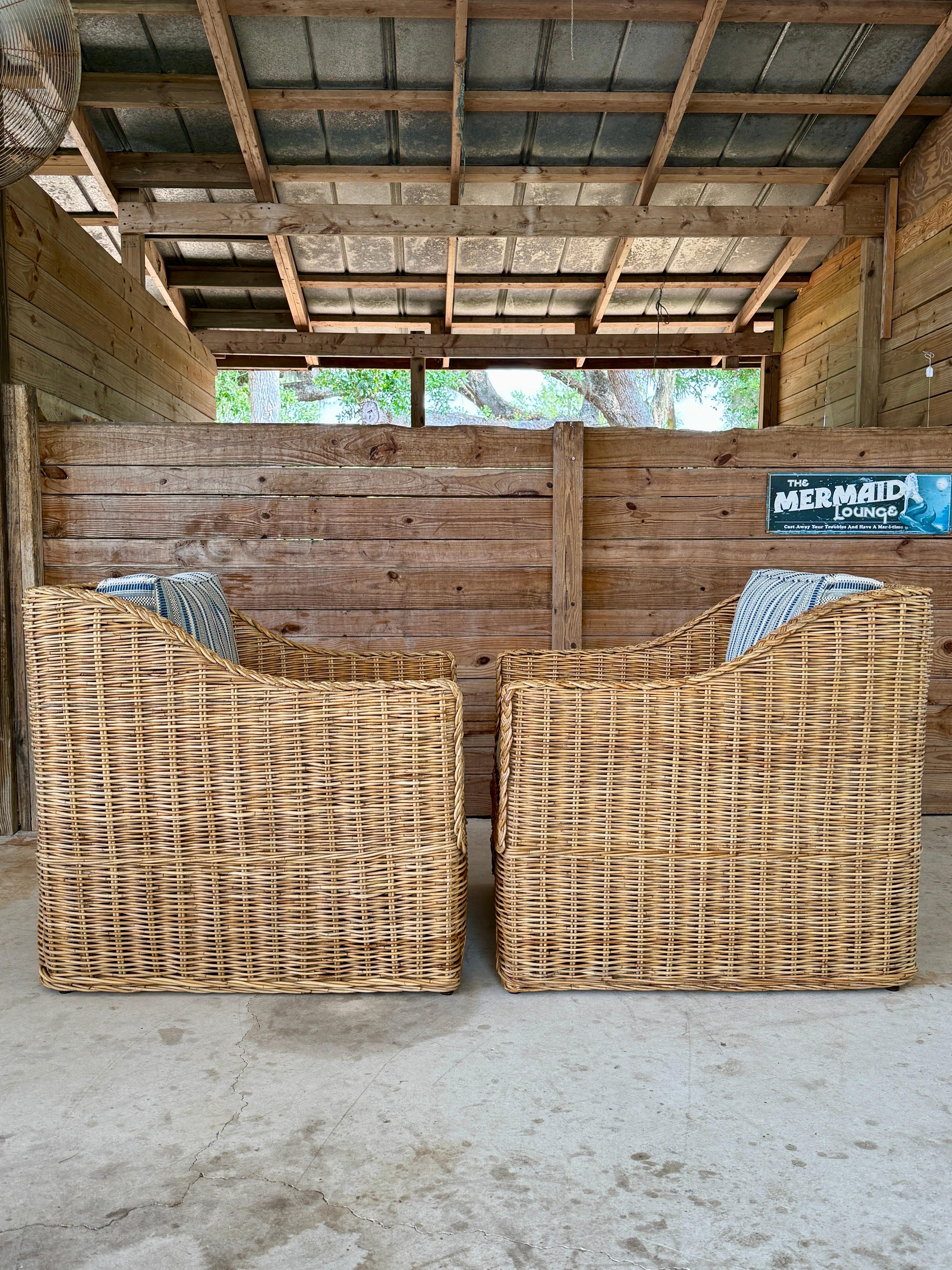 Hand-Crafted Coastal Ralph Lauren Large Braid Rattan Lounge Chairs With Original Blue and Whi