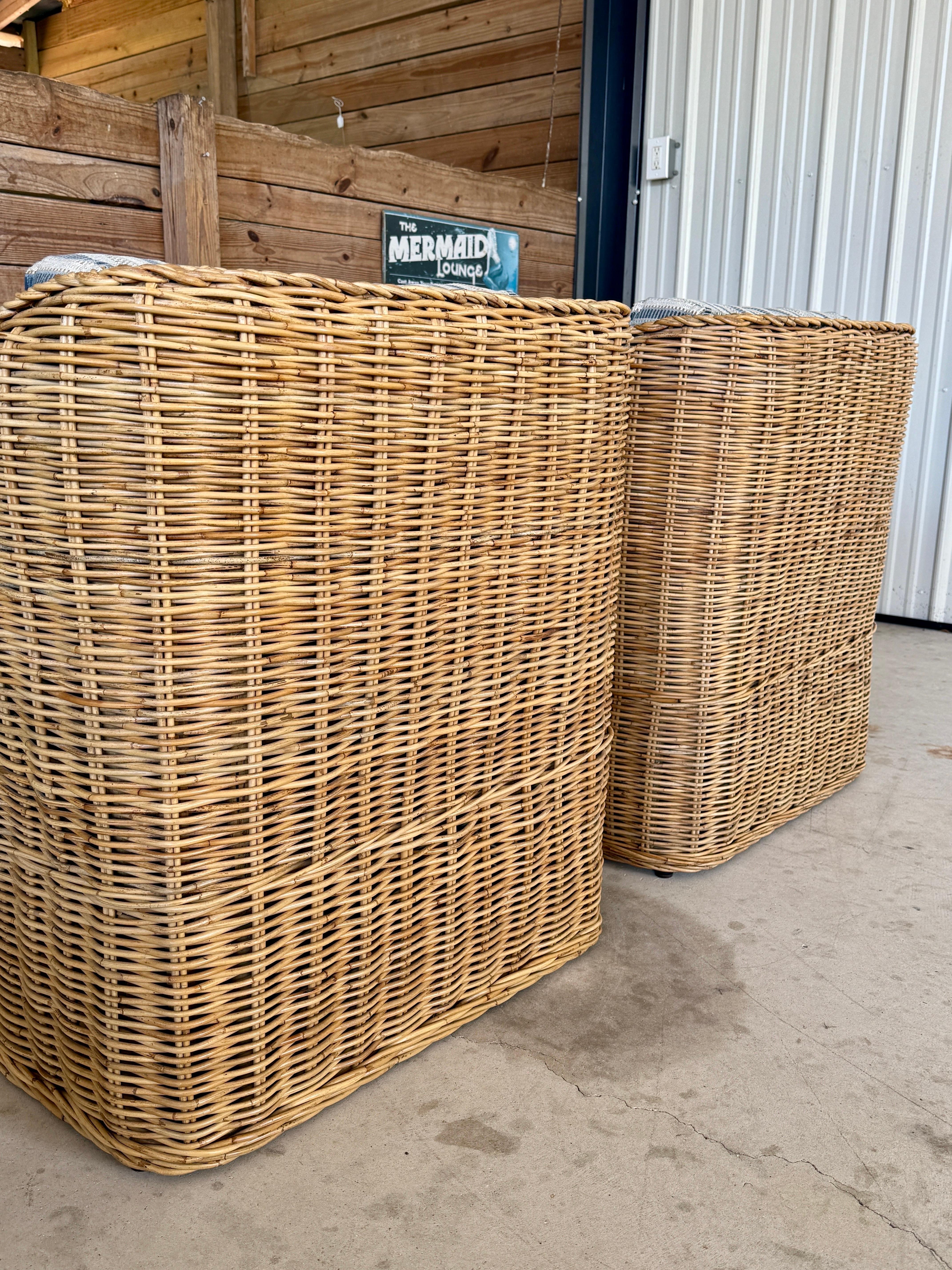 20th Century Coastal Ralph Lauren Large Braid Rattan Lounge Chairs With Original Blue and Whi