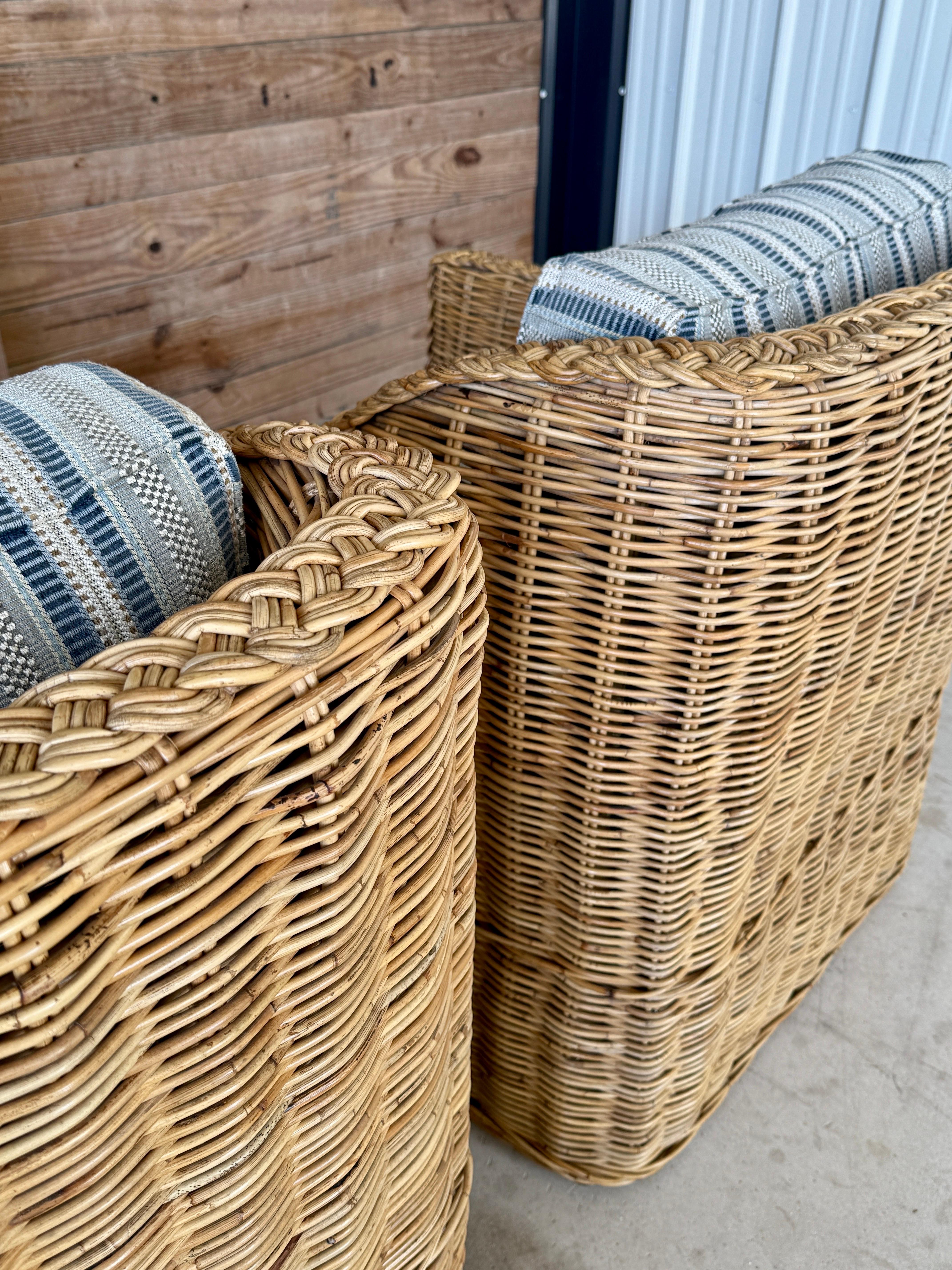 Coastal Ralph Lauren Large Braid Rattan Lounge Chairs With Original Blue and Whi 1