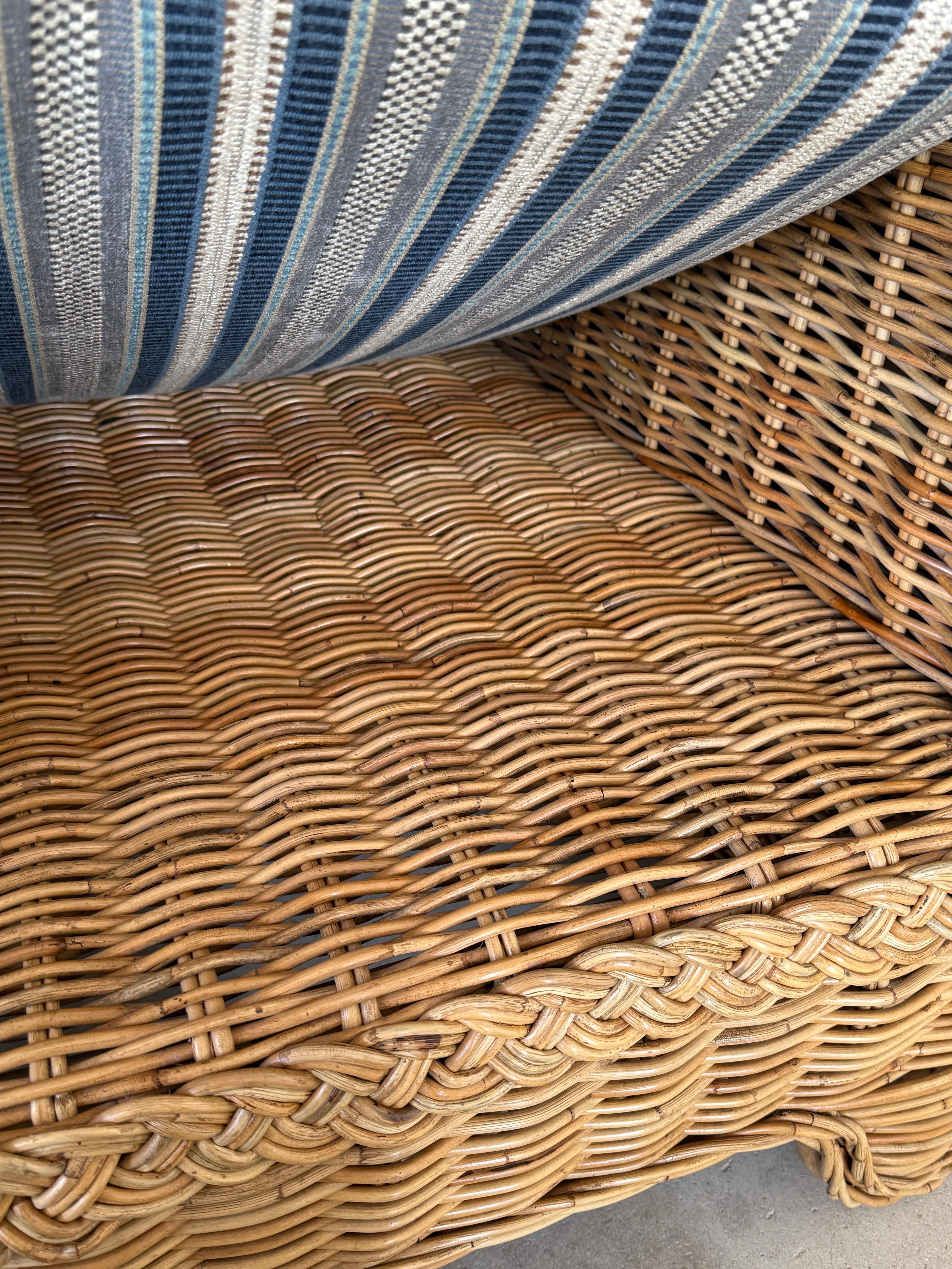 Coastal Ralph Lauren Large Braid Rattan Lounge Chairs With Original Blue and Whi 2