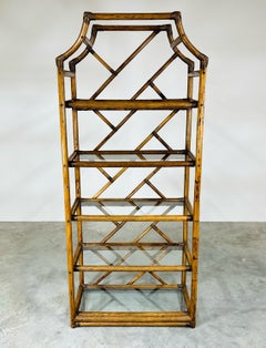 Coastal Rattan Bamboo Chippendale Glass Shelf Etagere