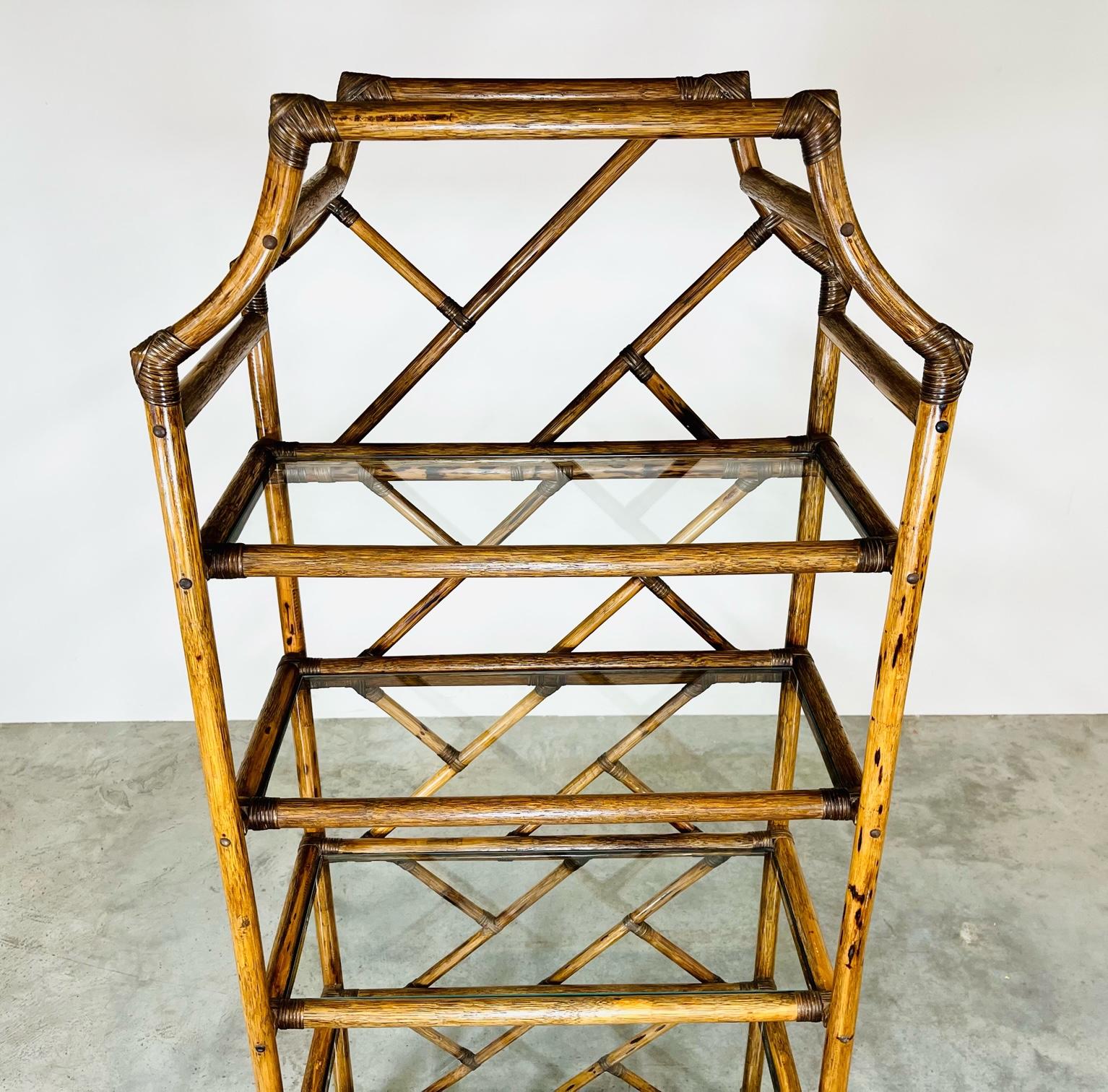 Coastal Rattan Bamboo Chippendale Glass Shelf Etagere In Excellent Condition In Southampton, NJ