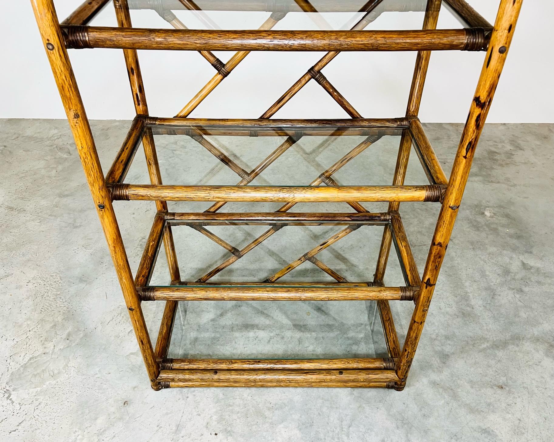 20th Century Coastal Rattan Bamboo Chippendale Glass Shelf Etagere