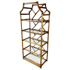 Vintage Coastal Rattan Bamboo Chippendale Glass Shelf Etagere