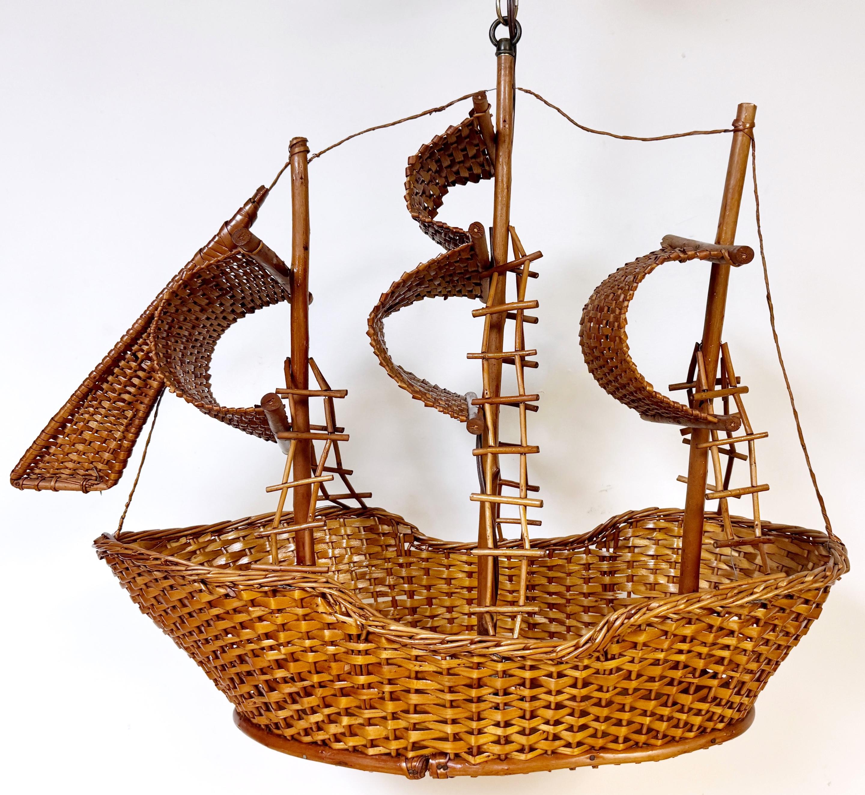 Modern Coastal Rattan Model of a Sailing Ship Chandelier