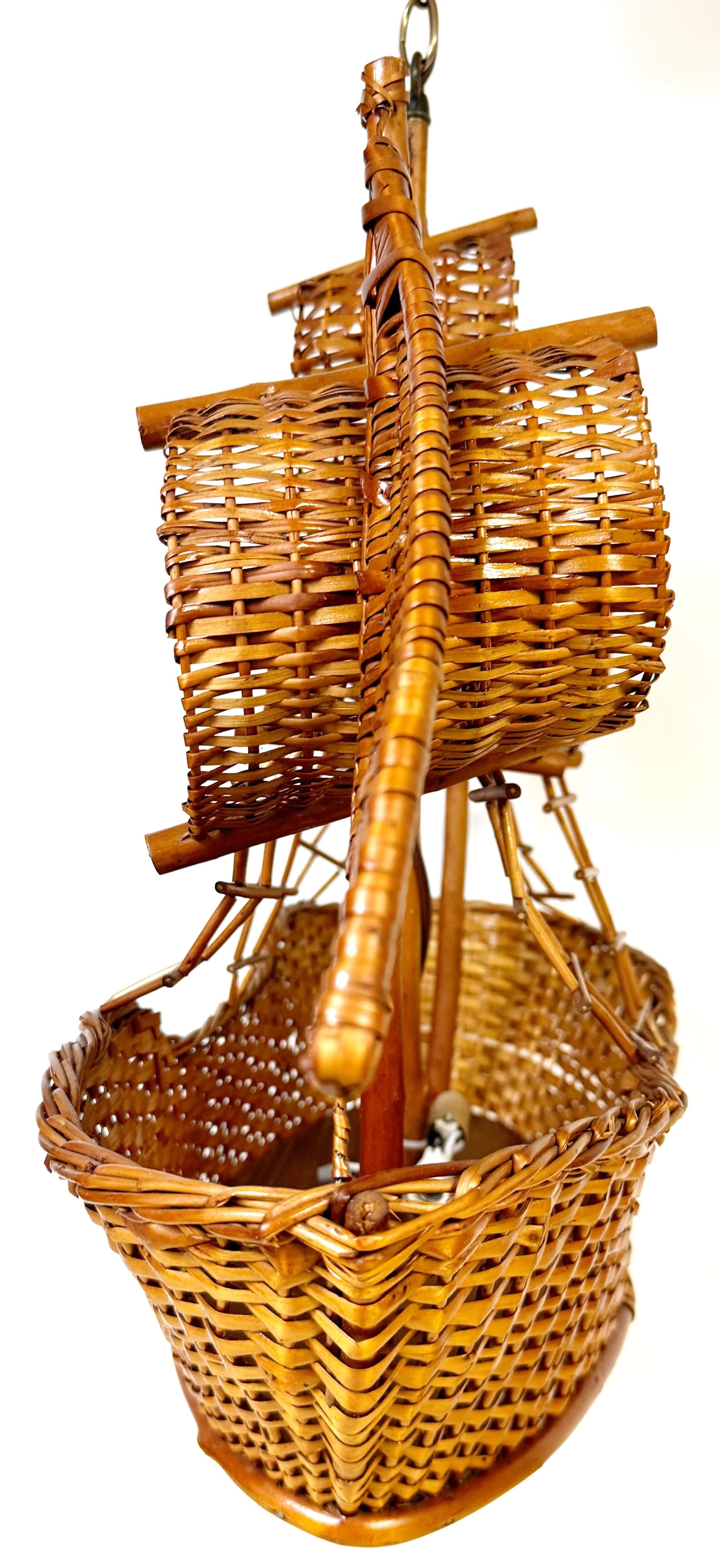 Coastal Rattan Model of a Sailing Ship Chandelier In Good Condition In West Palm Beach, FL