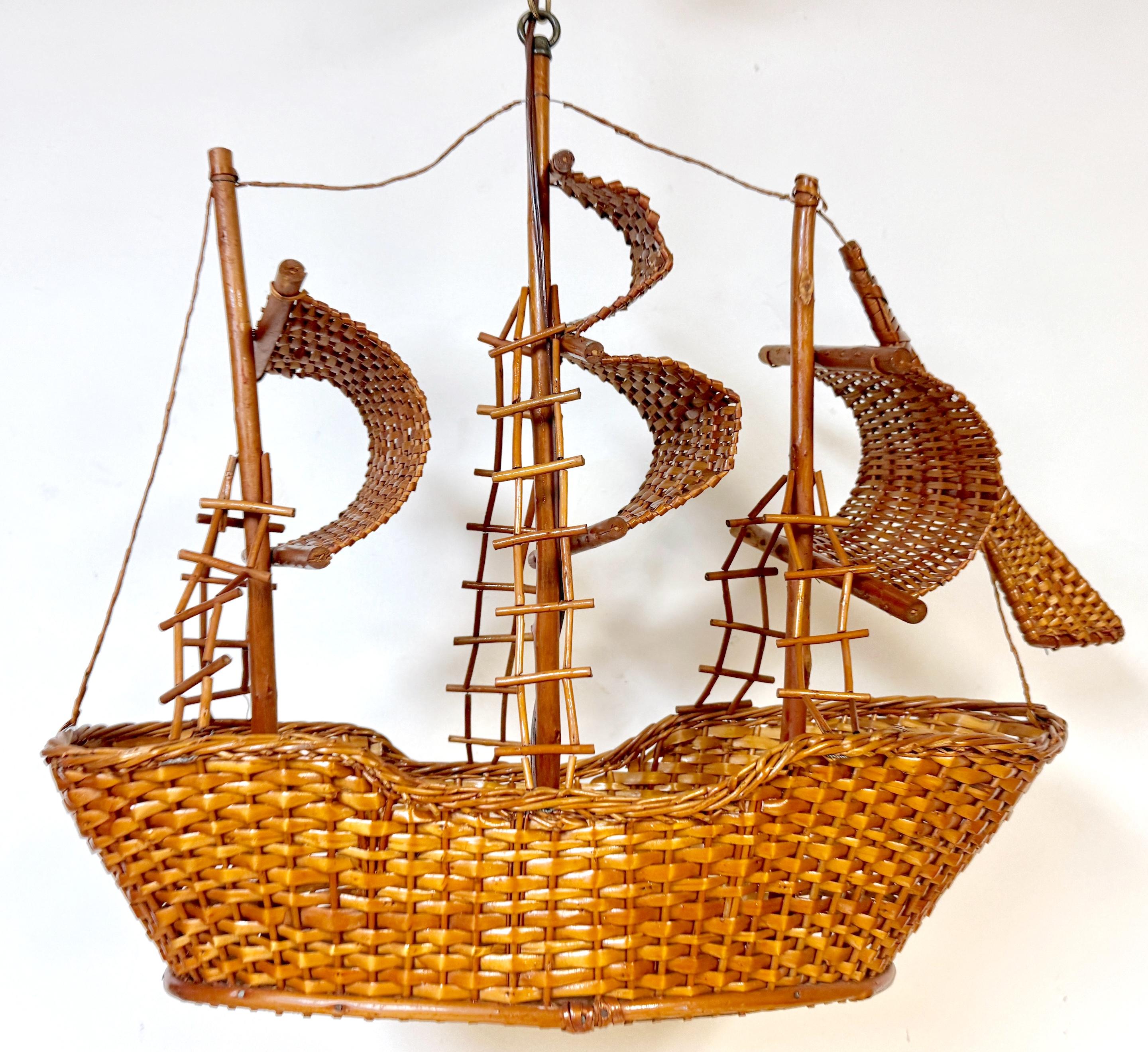 20th Century Coastal Rattan Model of a Sailing Ship Chandelier
