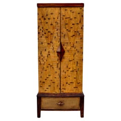 Antique Coastal Rattan Wood Storage Cabinet