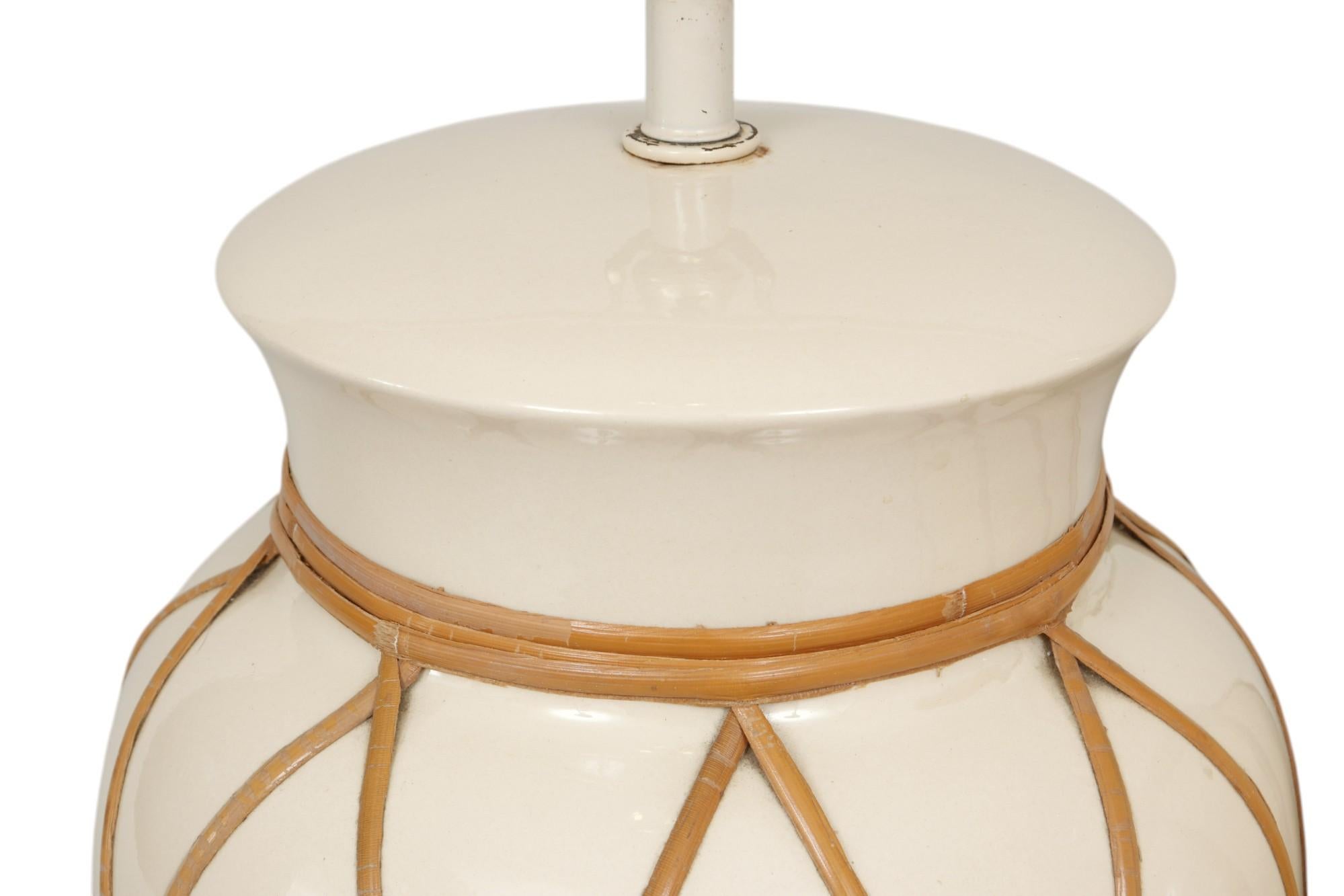 Coastal Rattan Wrapped Ceramic Table Lamps, a Pair In Good Condition For Sale In Bradenton, FL