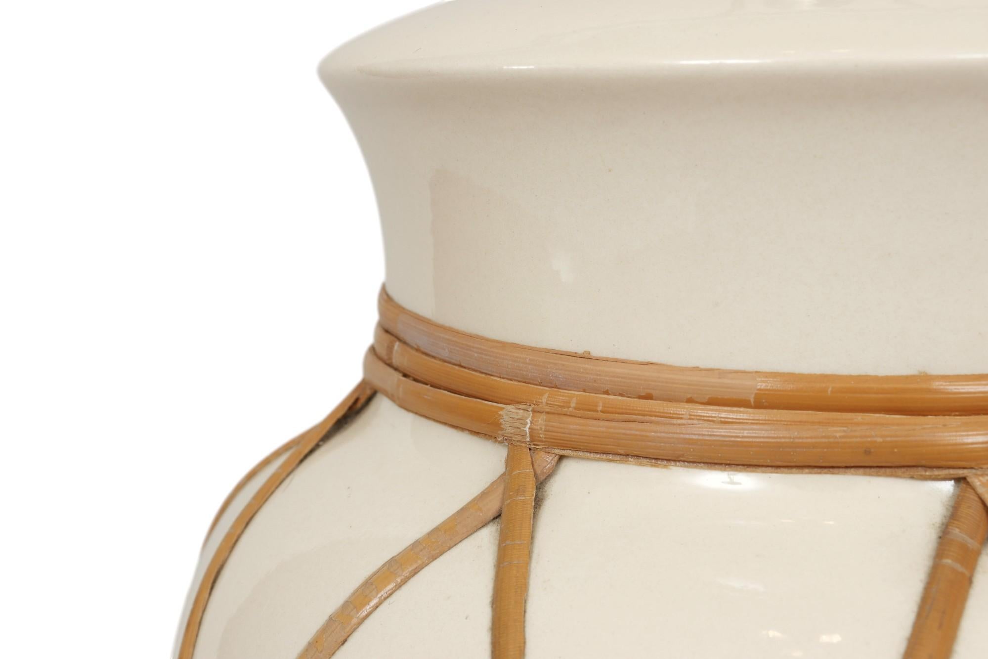 20th Century Coastal Rattan Wrapped Ceramic Table Lamps, a Pair For Sale