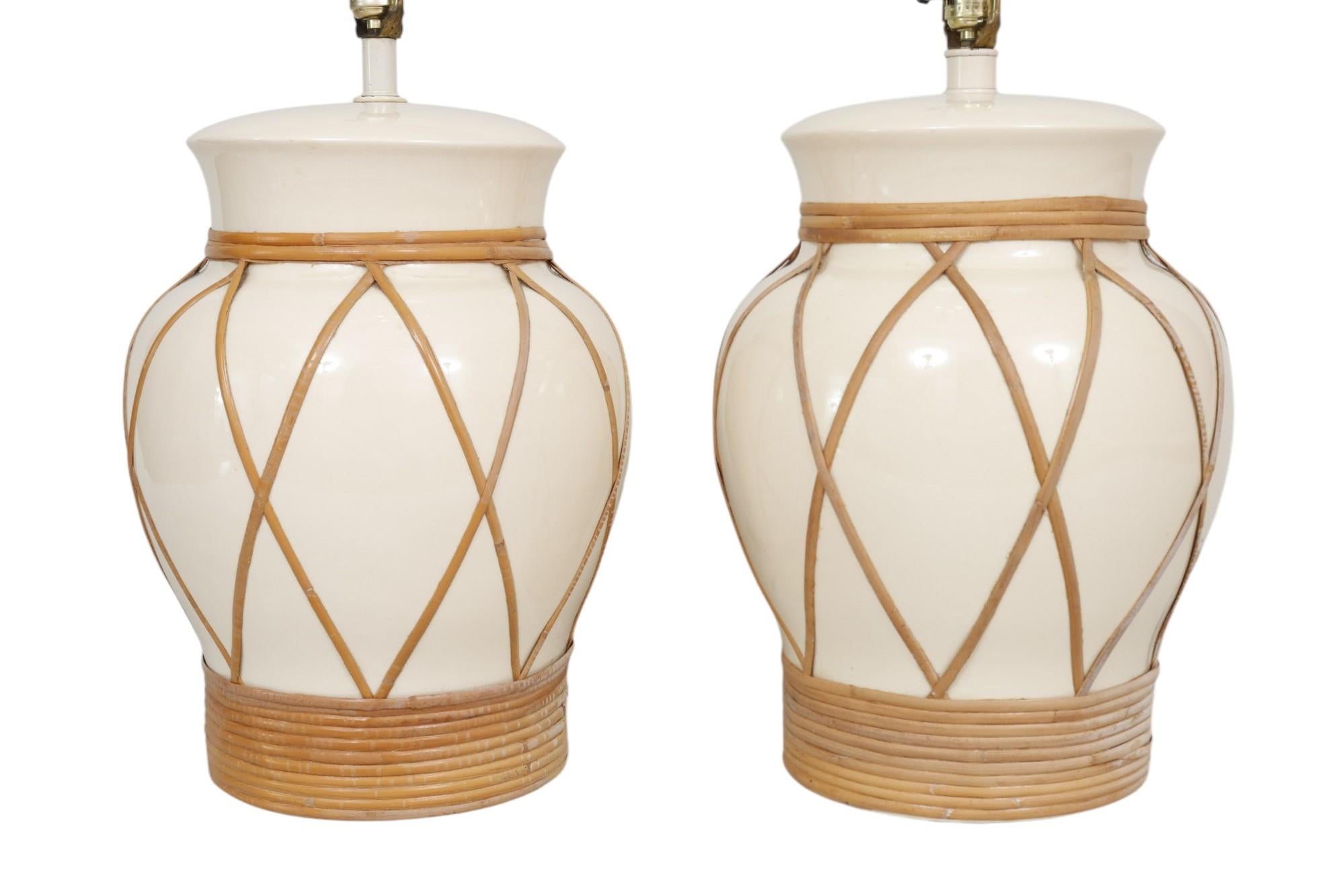 Coastal Rattan Wrapped Ceramic Table Lamps, a Pair For Sale 3