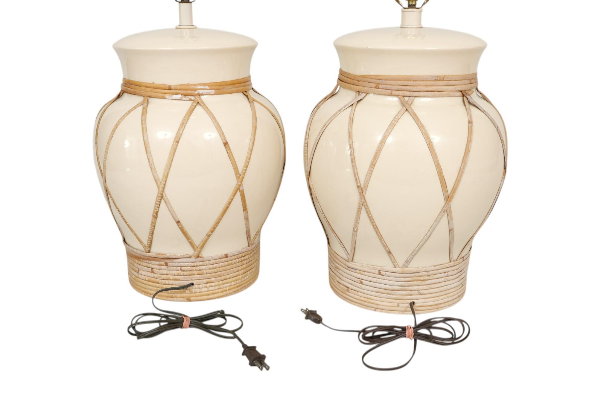 Coastal Rattan Wrapped Ceramic Table Lamps, a Pair For Sale 4