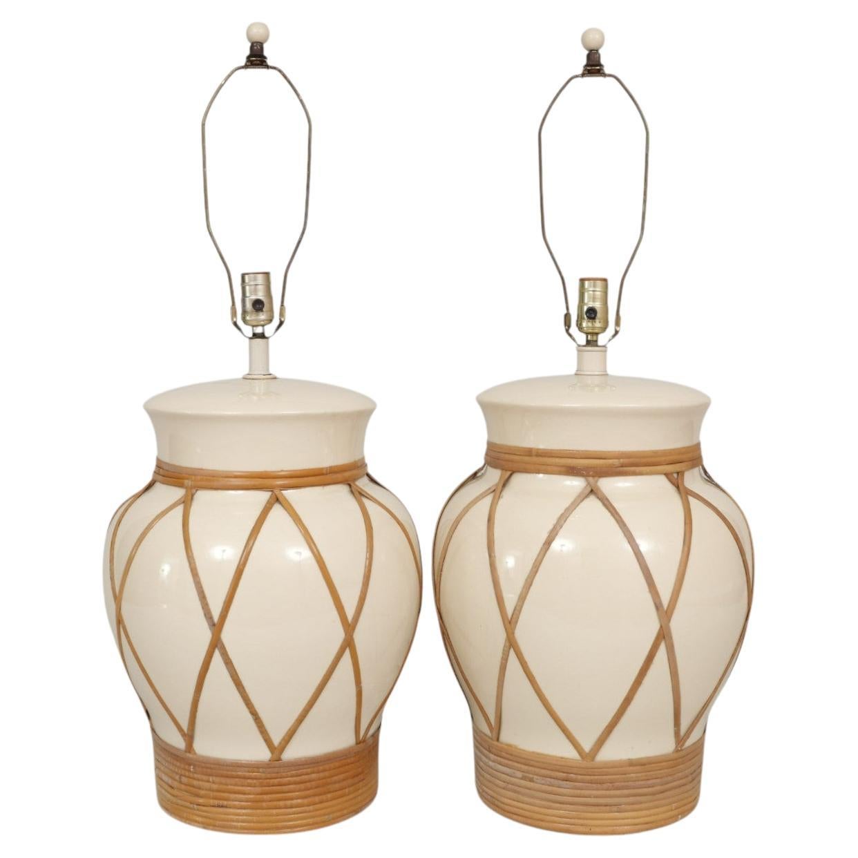 Coastal Rattan Wrapped Ceramic Table Lamps, a Pair For Sale