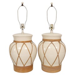 Coastal Rattan Wrapped Ceramic Table Lamps, a Pair