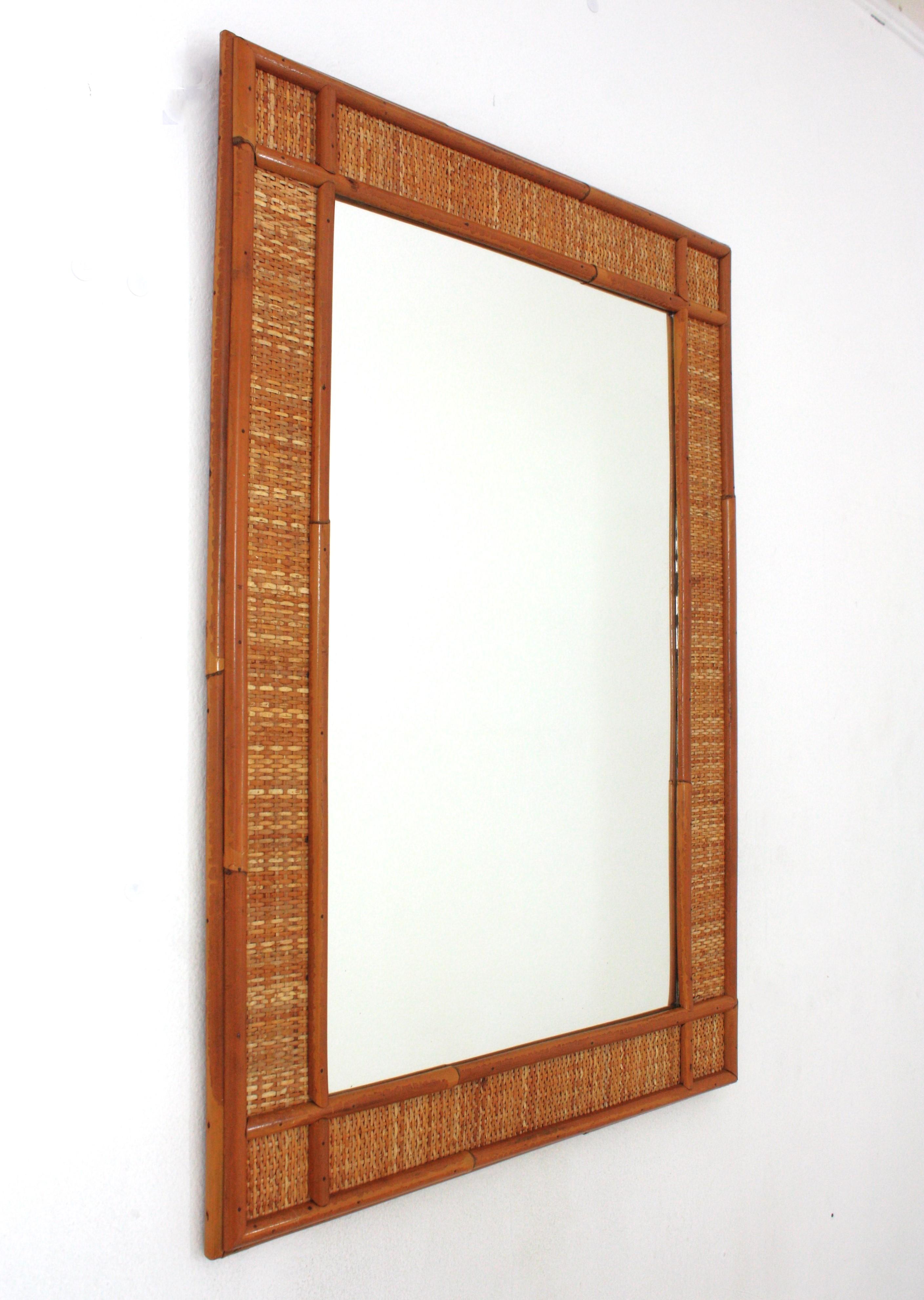 Hand-Crafted Coastal Rectangular Mirror in Rattan & Woven Wicker, Spain, 1960s For Sale