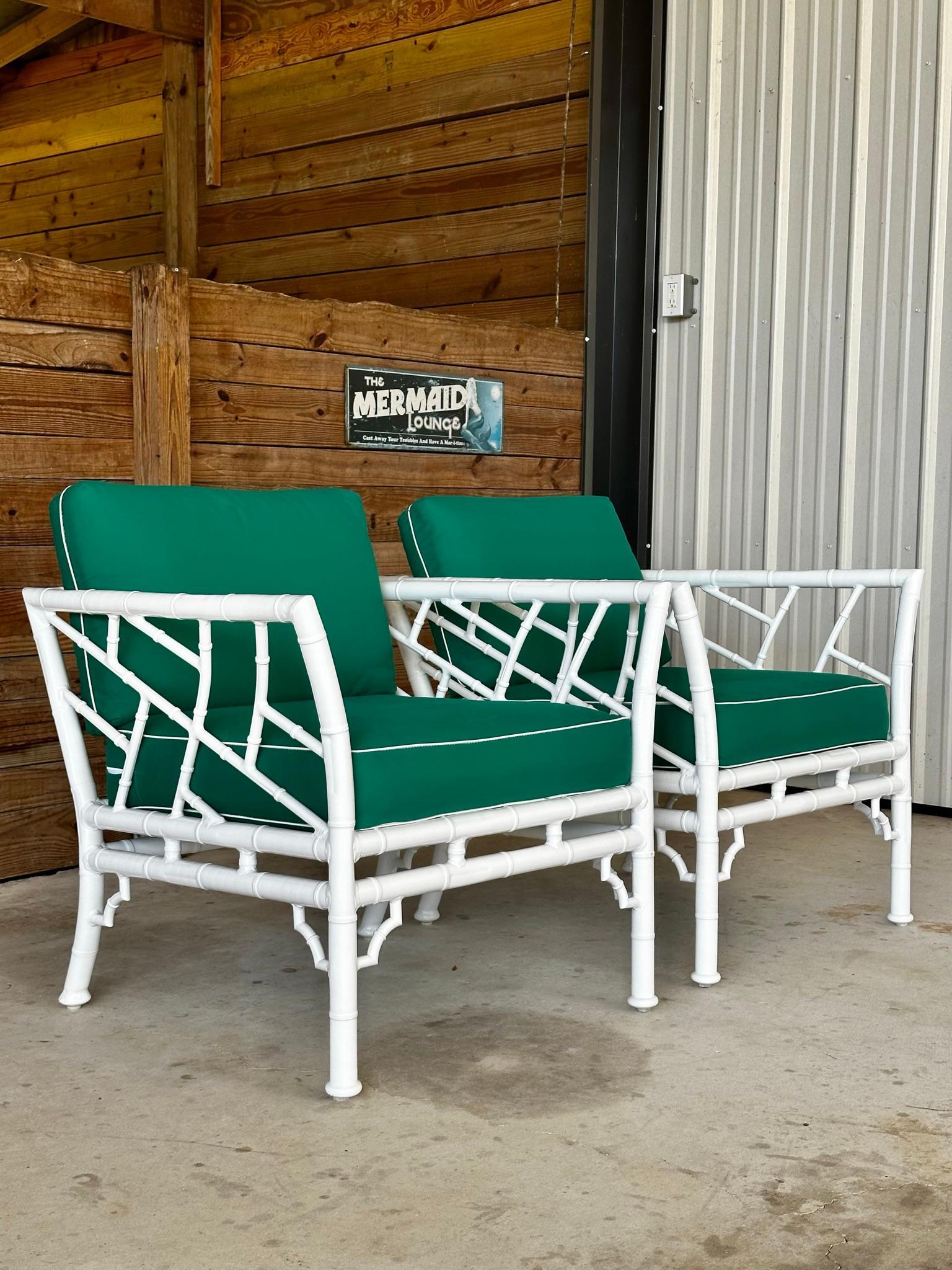 Painted Coastal Regency Faux Bamboo Aluminum Club Lounge Chairs by Meadowcraft